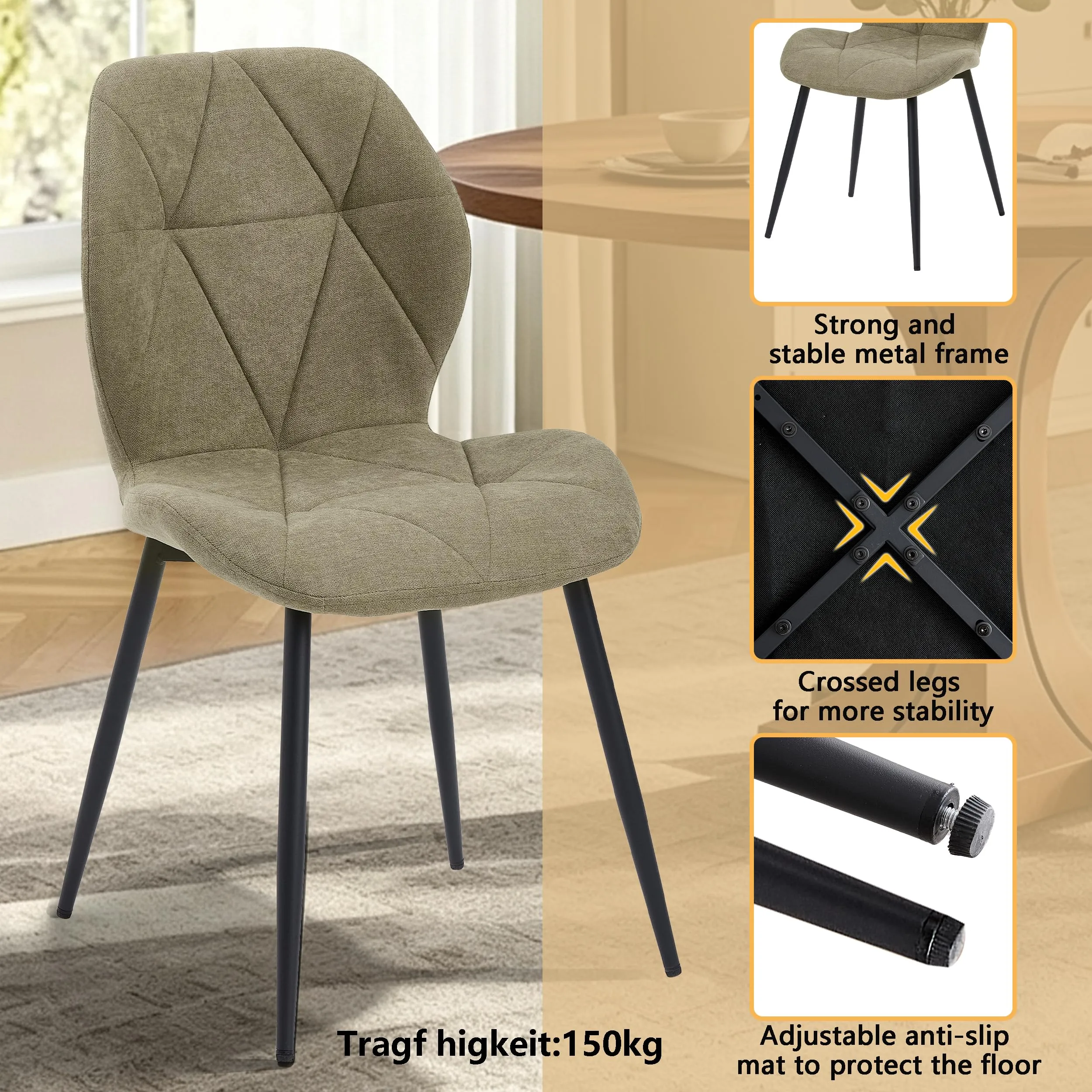 GrandCA HOME Set di 6 Sedie da Pranzo Imbottite in Tessuto a Rombi, Gambe in Metallo, Fagiolo Verde-R - immagine 4