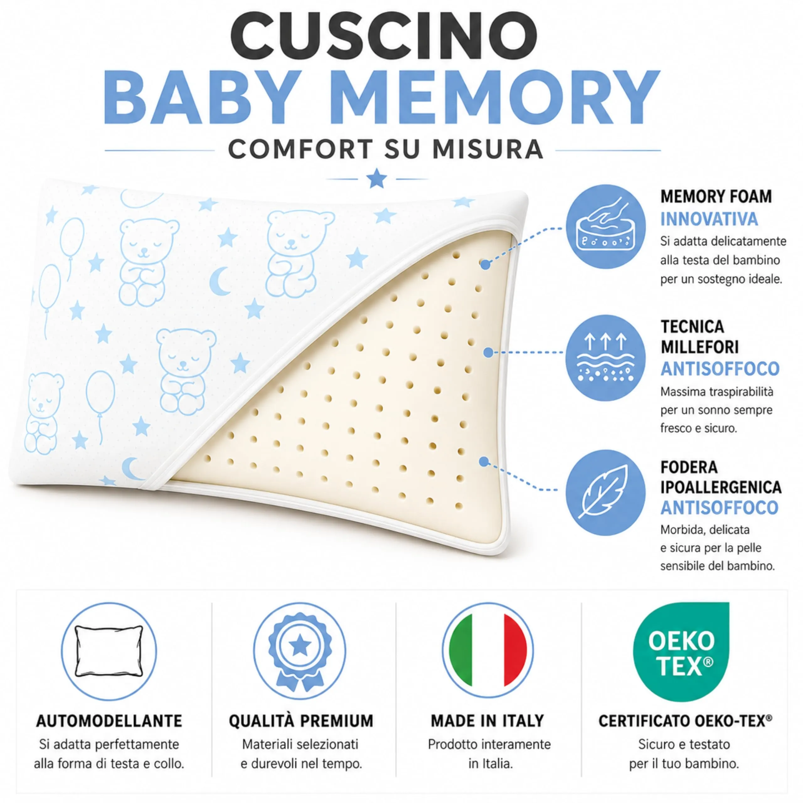 The Double Twenty Cuscino Baby Memory Antisoffoco Tecnica Millefori, 50x30 cm, Blu - immagine 3
