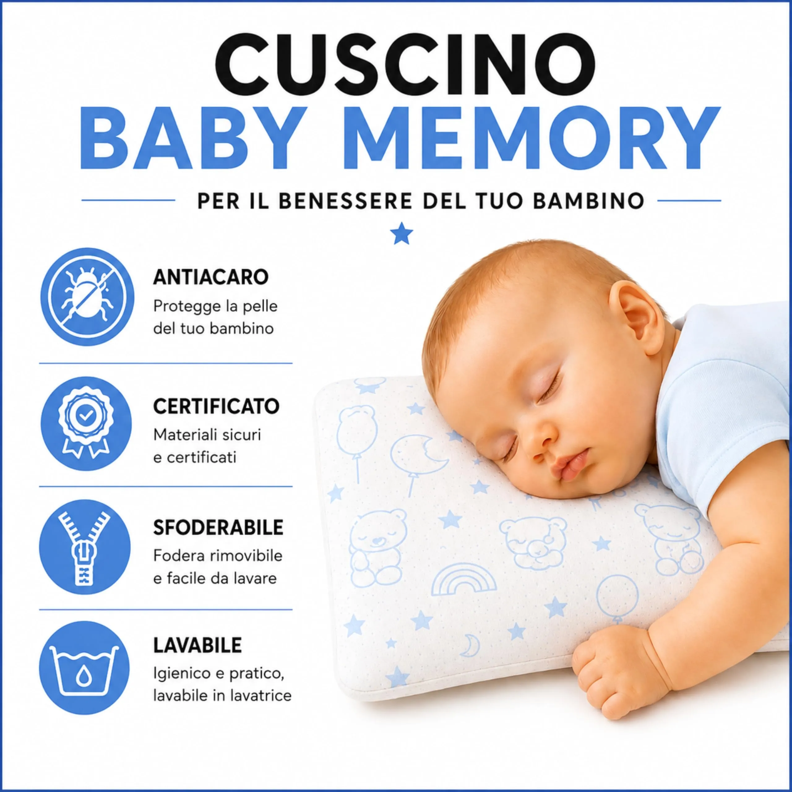 The Double Twenty Cuscino Baby Memory Antisoffoco Tecnica Millefori, 50x30 cm, Blu - immagine 4