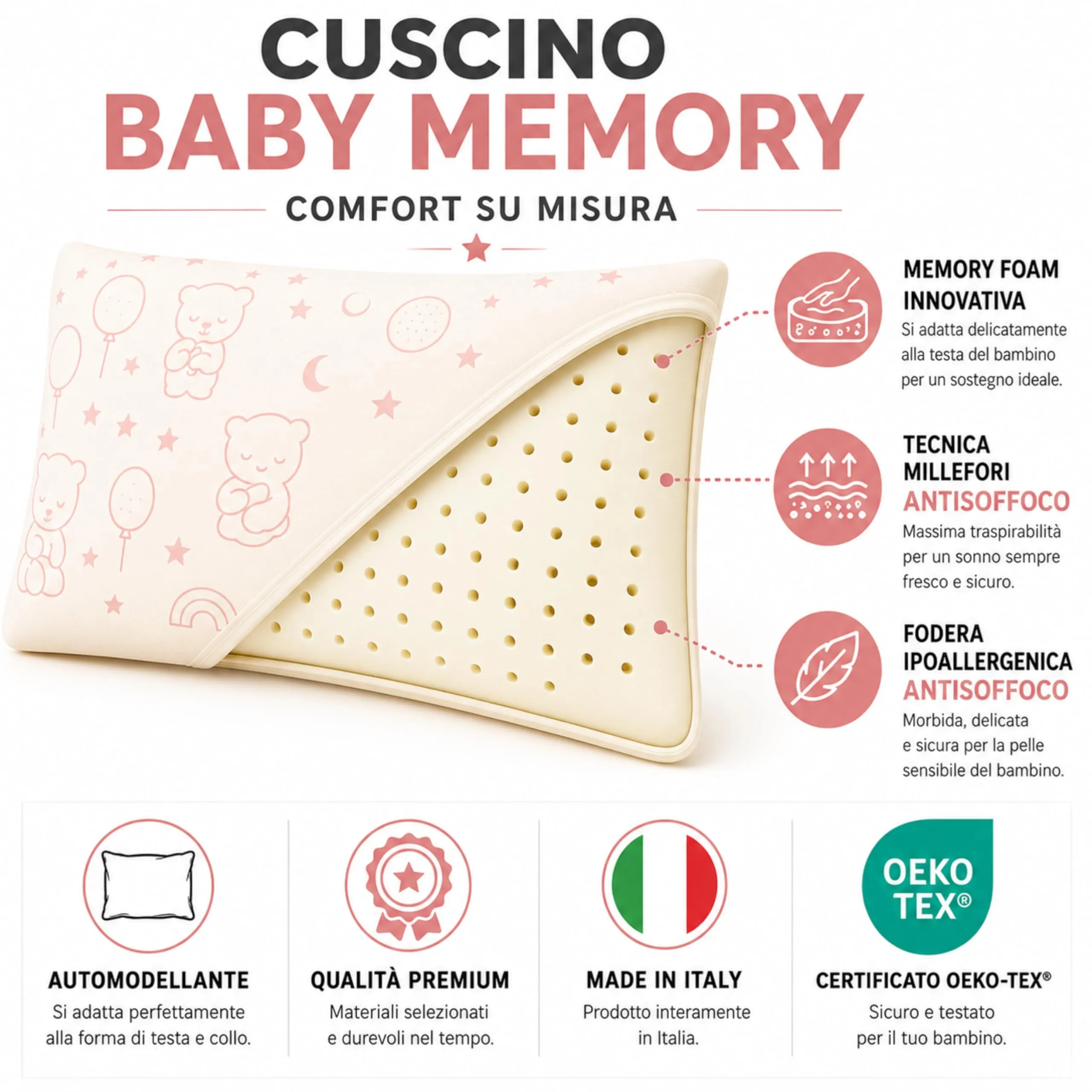 The Double Twenty Cuscino Baby Memory Antisoffoco Tecnica Millefori 50x30 cm - Rosa - immagine 3