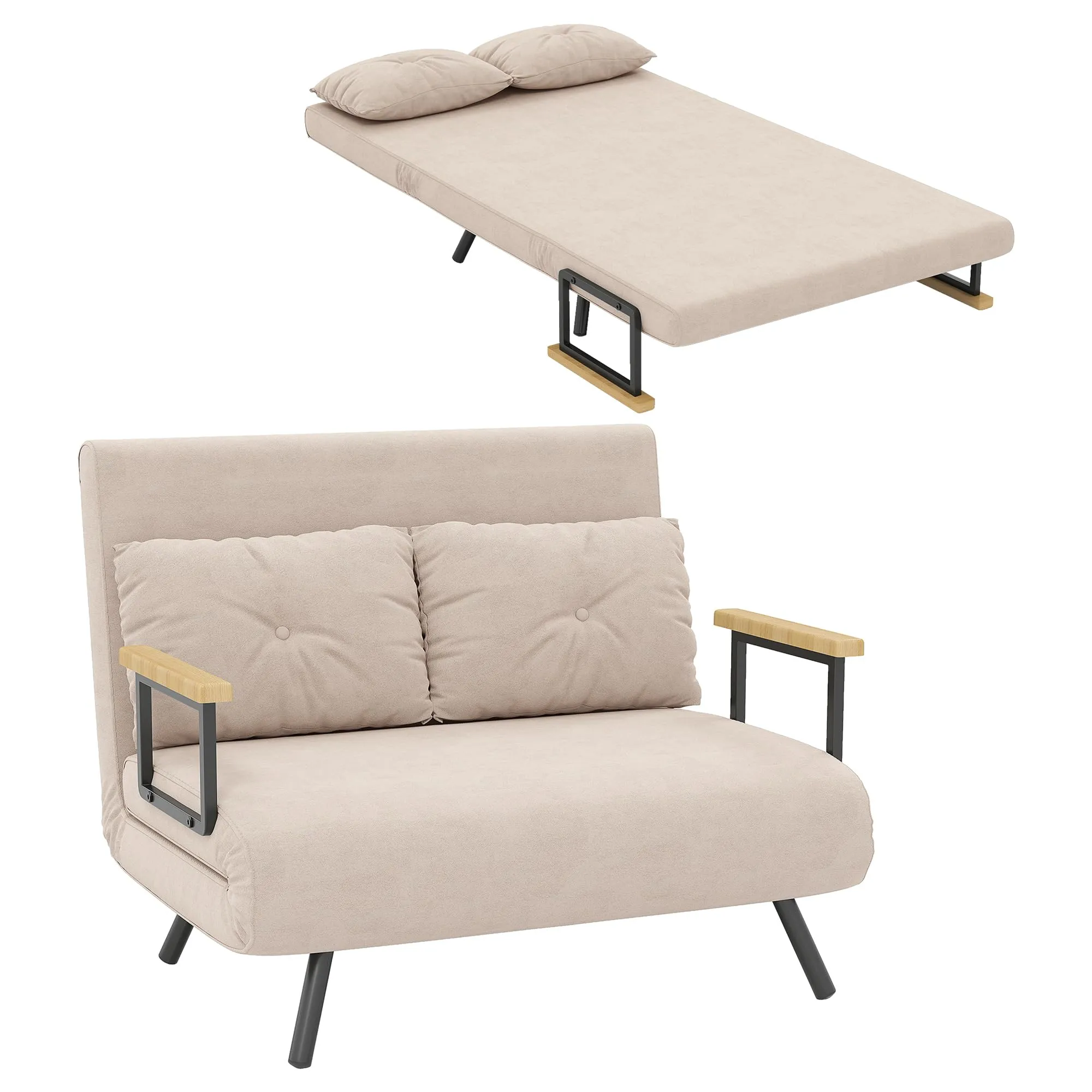 HOMCOM Divano Letto 2 Posti Schienale Regolabile 5 Livelli Beige - immagine 1