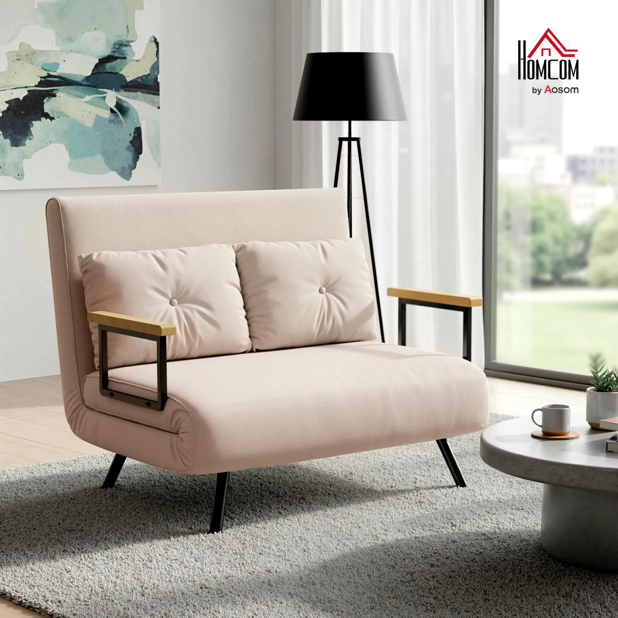 HOMCOM Divano Letto 2 Posti Schienale Regolabile 5 Livelli Beige - immagine 2