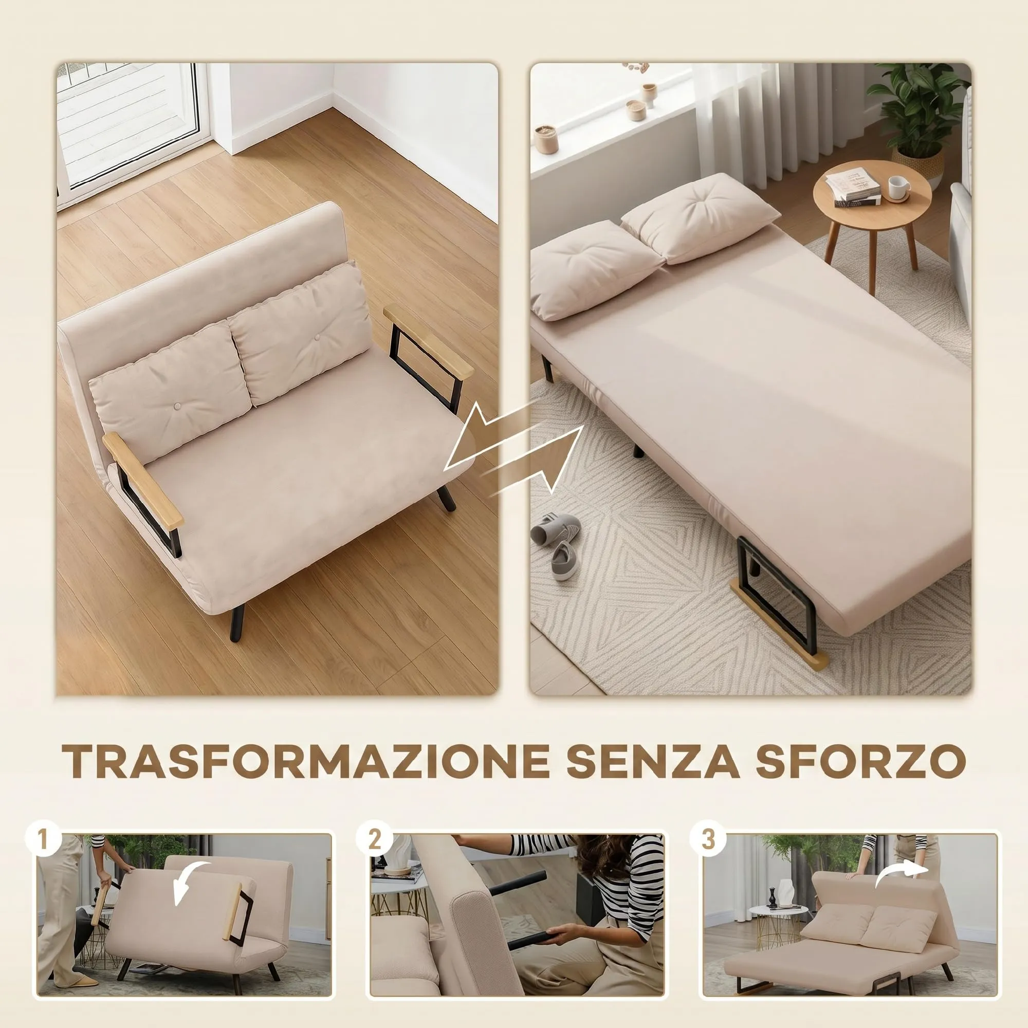 HOMCOM Divano Letto 2 Posti Schienale Regolabile 5 Livelli Beige - immagine 3