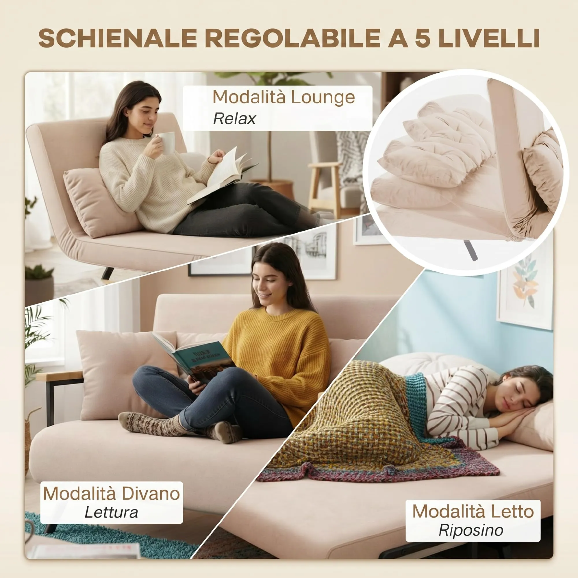 HOMCOM Divano Letto 2 Posti Schienale Regolabile 5 Livelli Beige - immagine 4