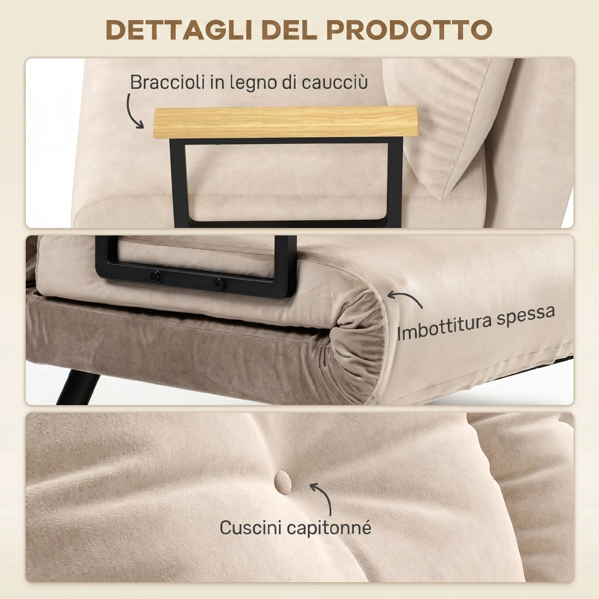 HOMCOM Divano Letto 2 Posti Schienale Regolabile 5 Livelli Beige - immagine 6