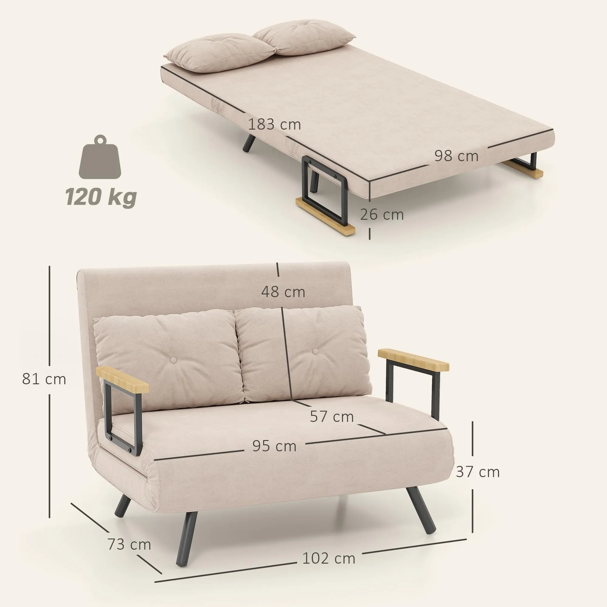 HOMCOM Divano Letto 2 Posti Schienale Regolabile 5 Livelli Beige - immagine 7