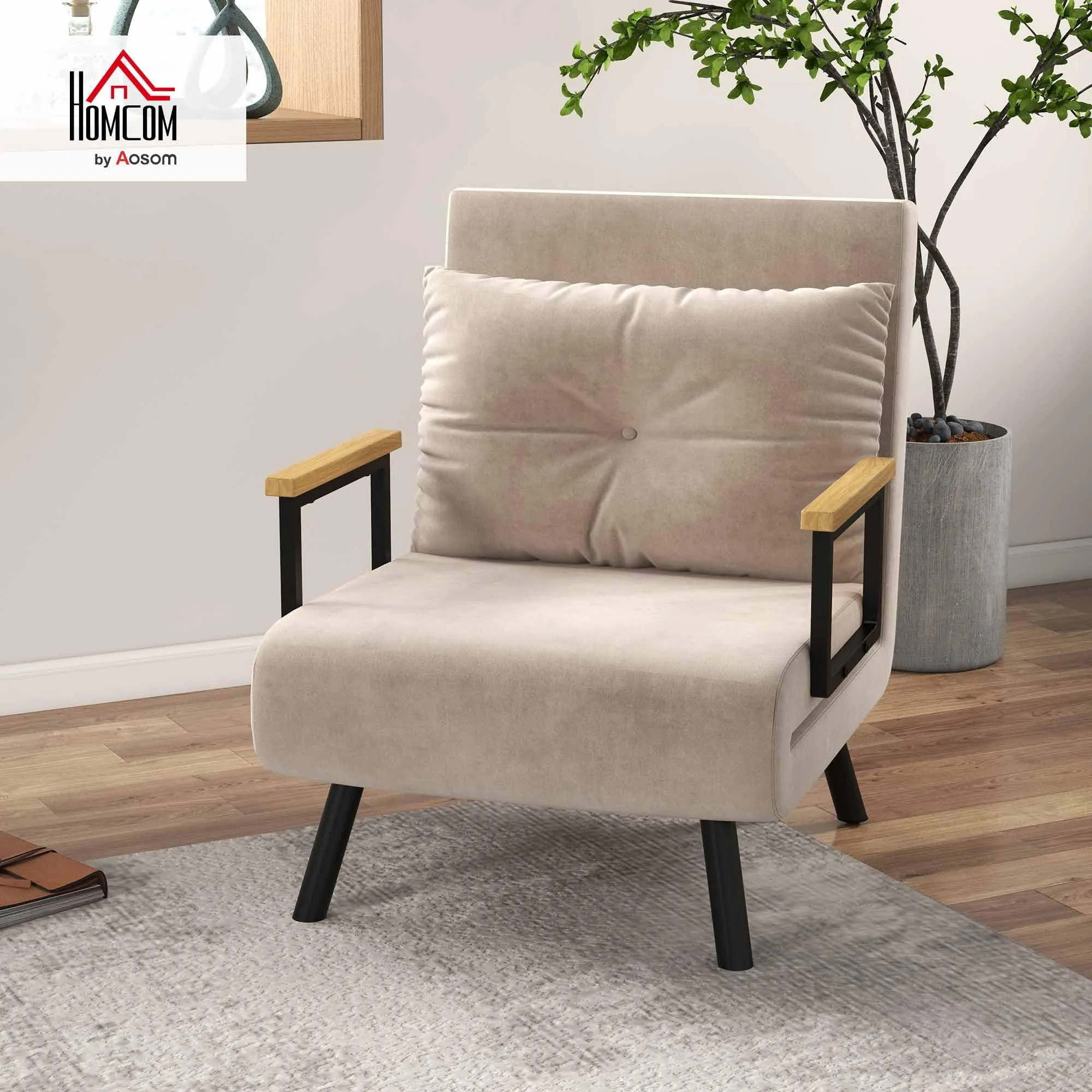 HOMCOM Poltrona Letto Singolo Schienale Regolabile 5 Livelli, Beige - immagine 2
