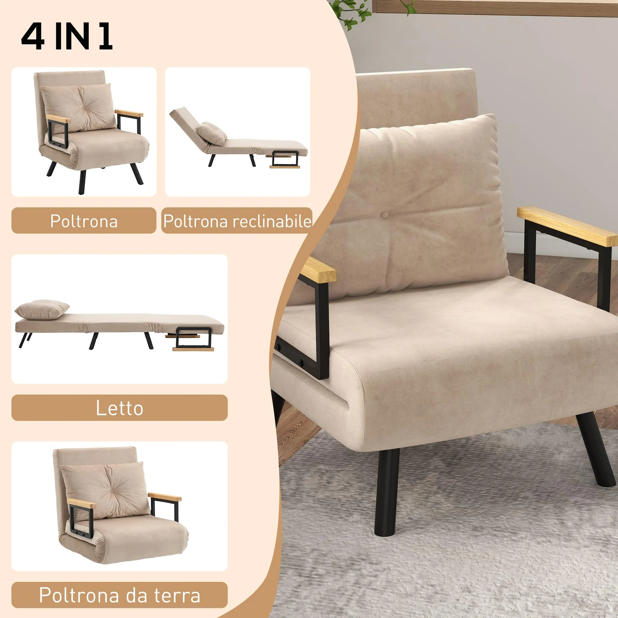 HOMCOM Poltrona Letto Singolo Schienale Regolabile 5 Livelli, Beige - immagine 3