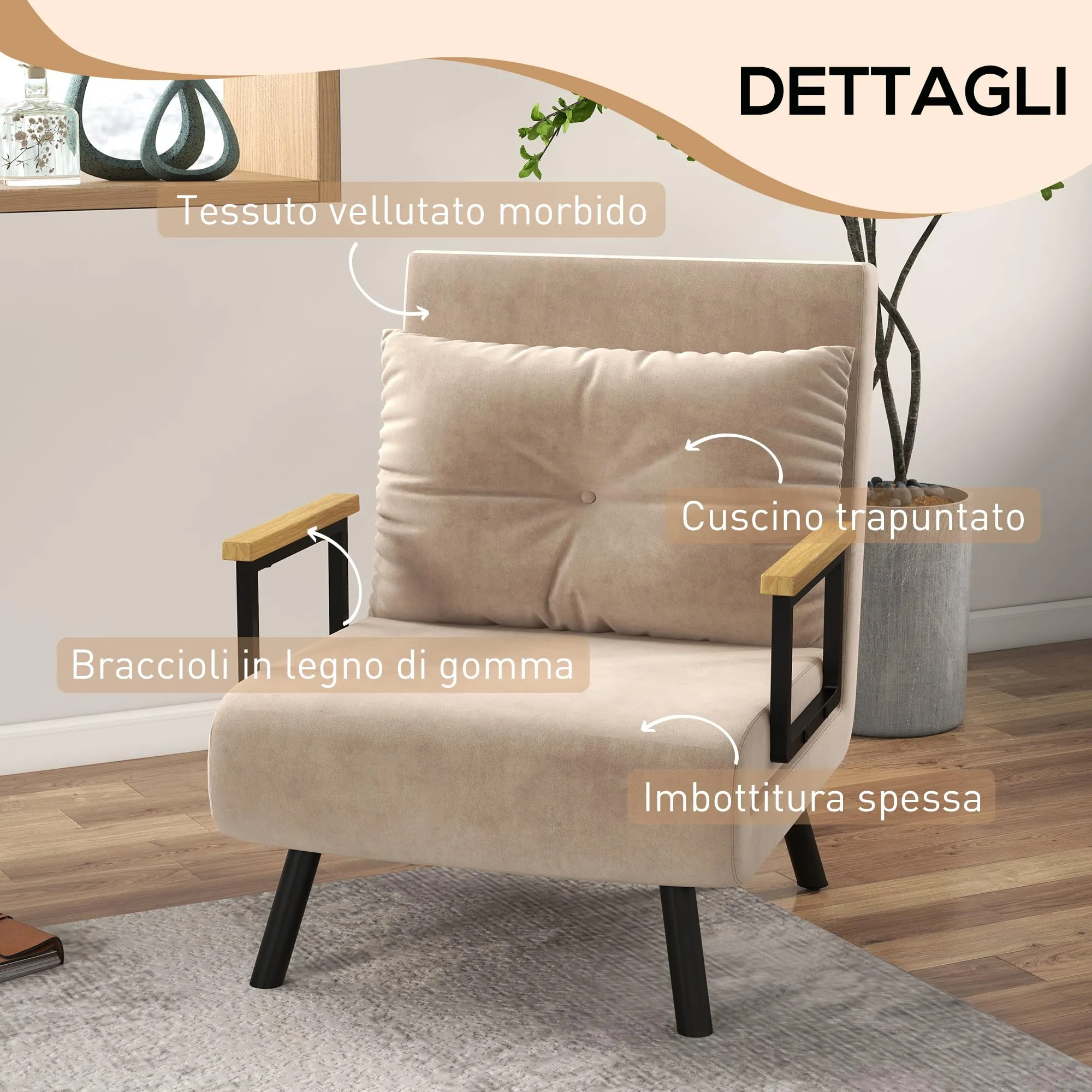 HOMCOM Poltrona Letto Singolo Schienale Regolabile 5 Livelli, Beige - immagine 5
