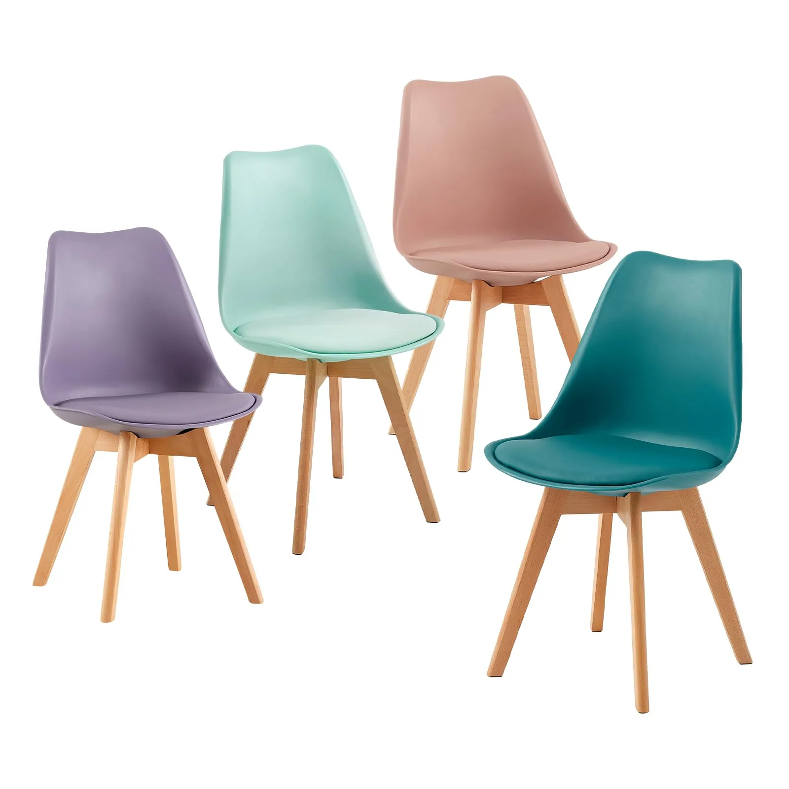 EGGREE Set di 4 Sedie da Sala da Pranzo, Gambe in Faggio Massiccio, Schienale in Plastica e Cuscino in PU, Rosa Fumé, Turchese, Verde Menta, Grigio Viola - immagine 1