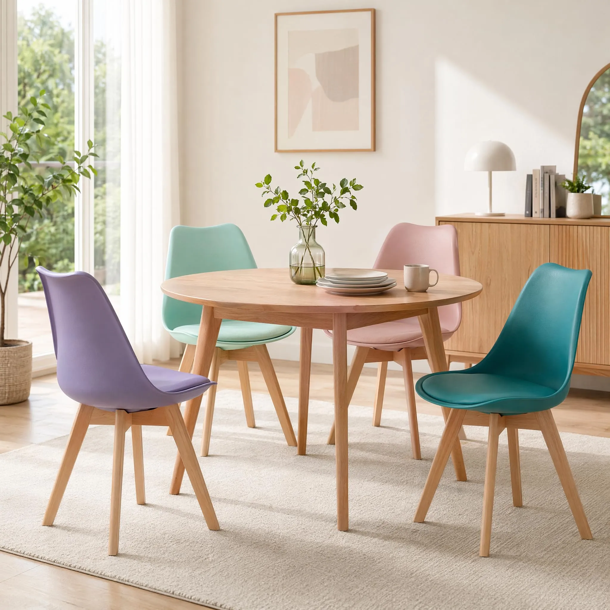 EGGREE Set di 4 Sedie da Sala da Pranzo, Gambe in Faggio Massiccio, Schienale in Plastica e Cuscino in PU, Rosa Fumé, Turchese, Verde Menta, Grigio Viola - immagine 3