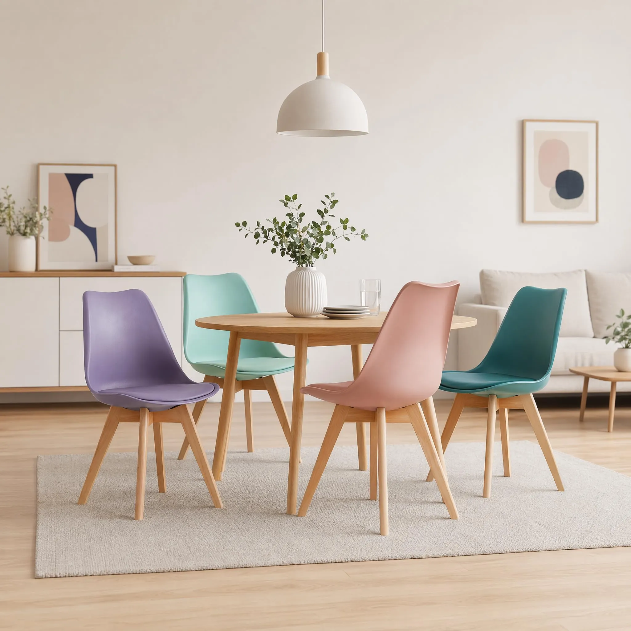 EGGREE Set di 4 Sedie da Sala da Pranzo, Gambe in Faggio Massiccio, Schienale in Plastica e Cuscino in PU, Rosa Fumé, Turchese, Verde Menta, Grigio Viola - immagine 4