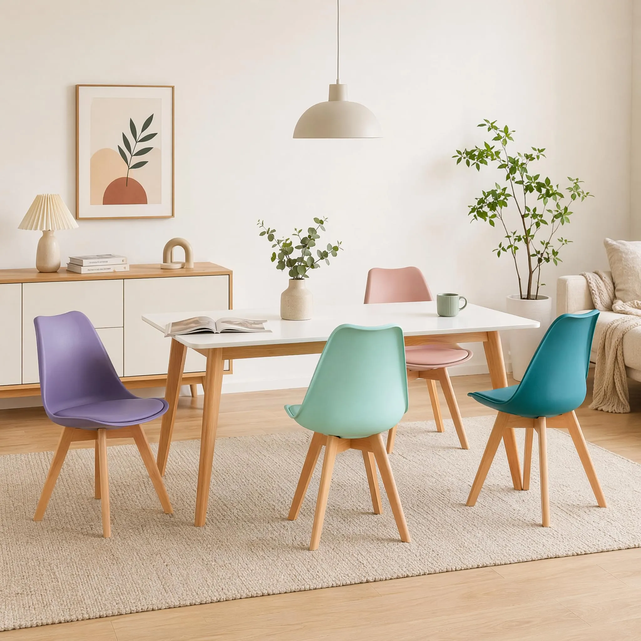 EGGREE Set di 4 Sedie da Sala da Pranzo, Gambe in Faggio Massiccio, Schienale in Plastica e Cuscino in PU, Rosa Fumé, Turchese, Verde Menta, Grigio Viola - immagine 5