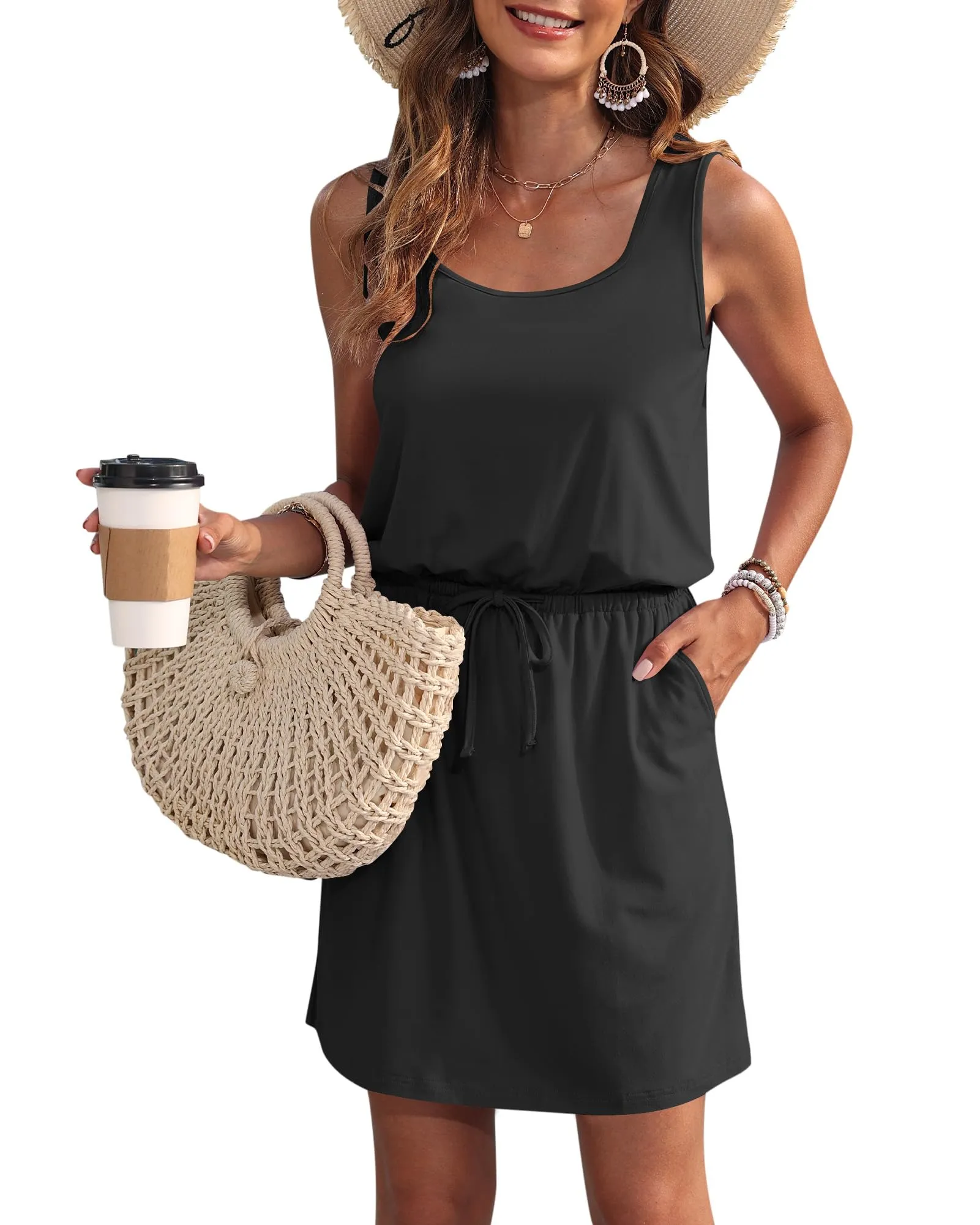 WNEEDU Abito Estivo da Donna Senza Maniche con Coulisse e Tasche - immagine 1