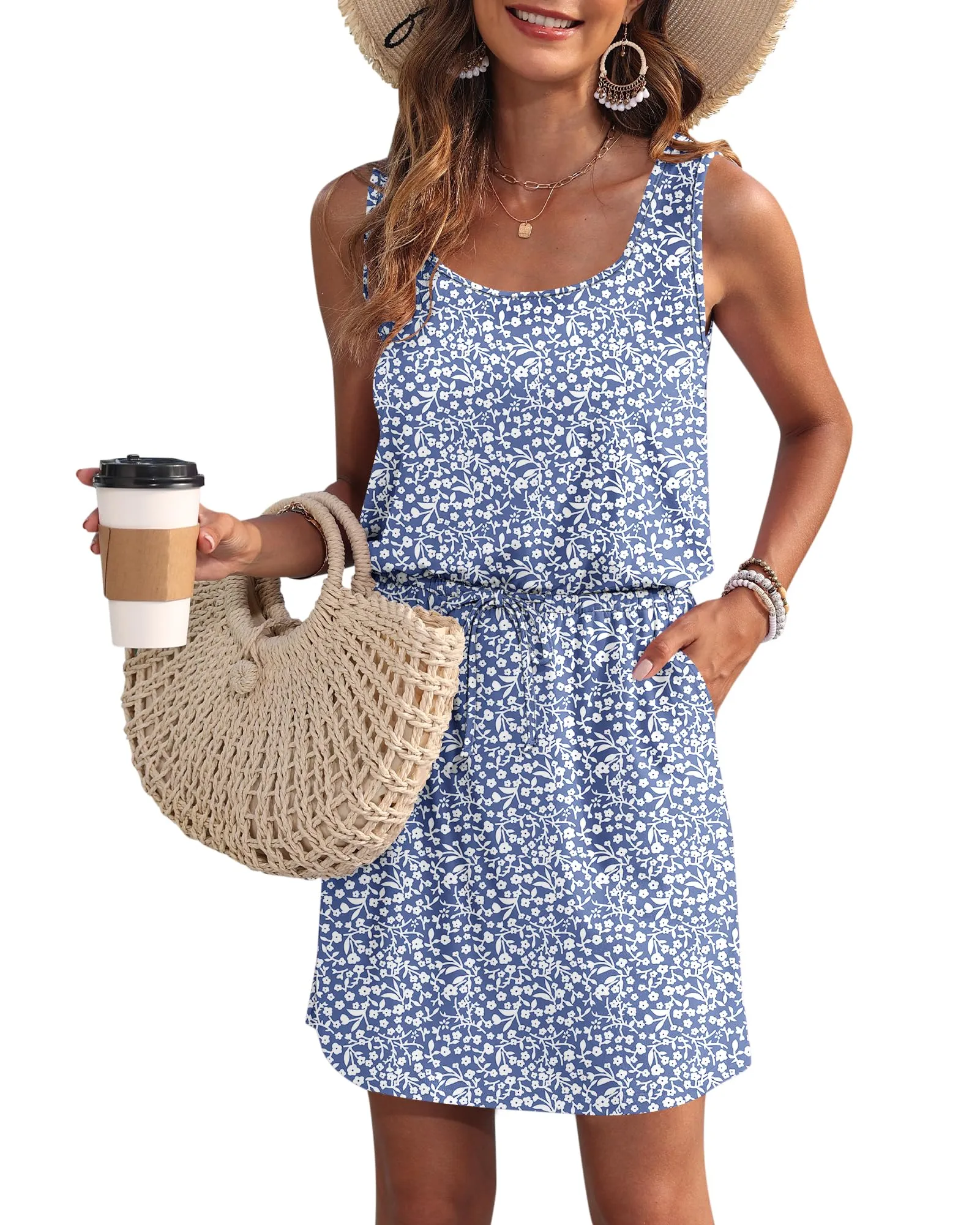 WNEEDU Abito Estivo da Donna Senza Maniche con Coulisse e Tasche - immagine 1