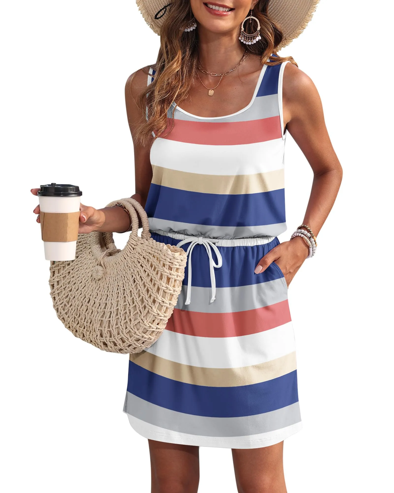 WNEEDU Abito Estivo da Donna Senza Maniche con Coulisse e Tasche - immagine 1