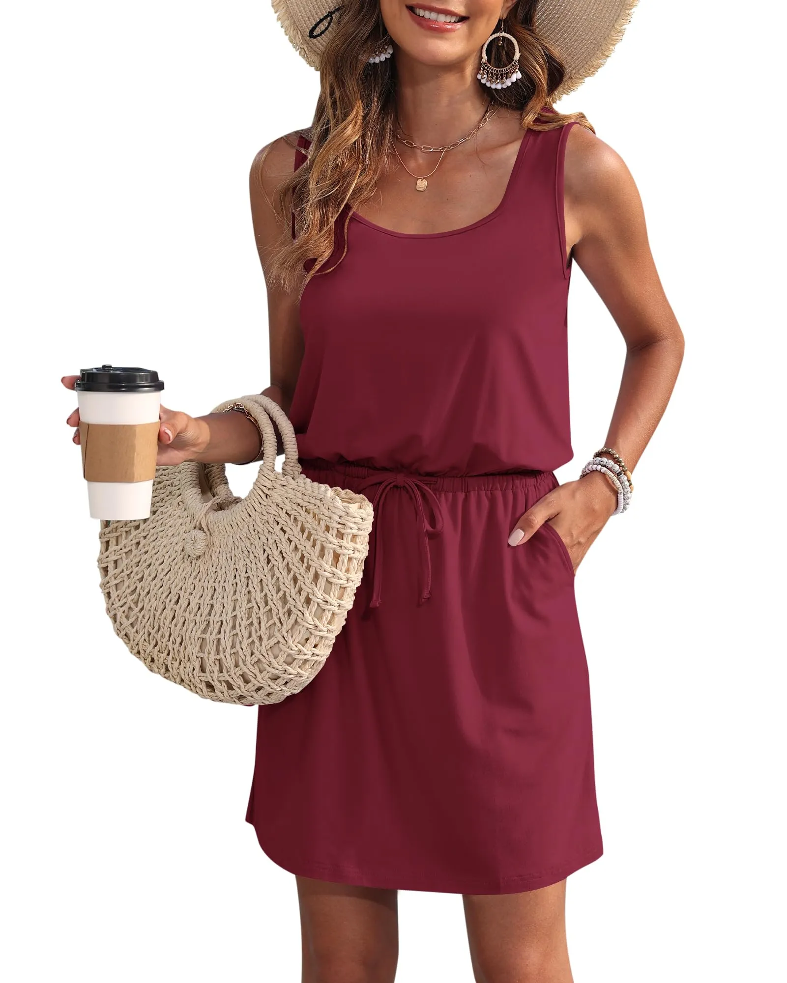 WNEEDU Abito Estivo da Donna Senza Maniche con Coulisse e Tasche - immagine 1