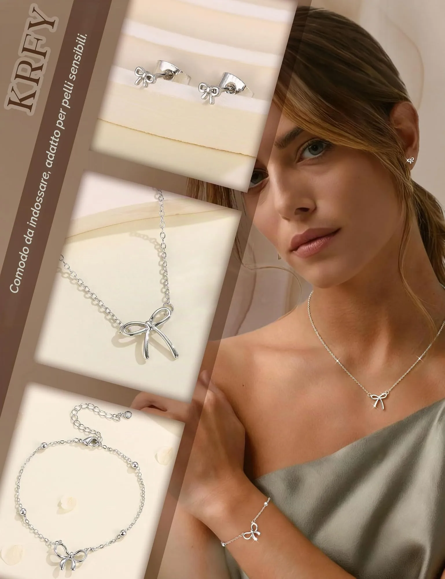 KRFY Parure Gioielli Donna in Acciaio Inossidabile Set Collana, Bracciale e Orecchini a Fiocco - Argento - immagine 4