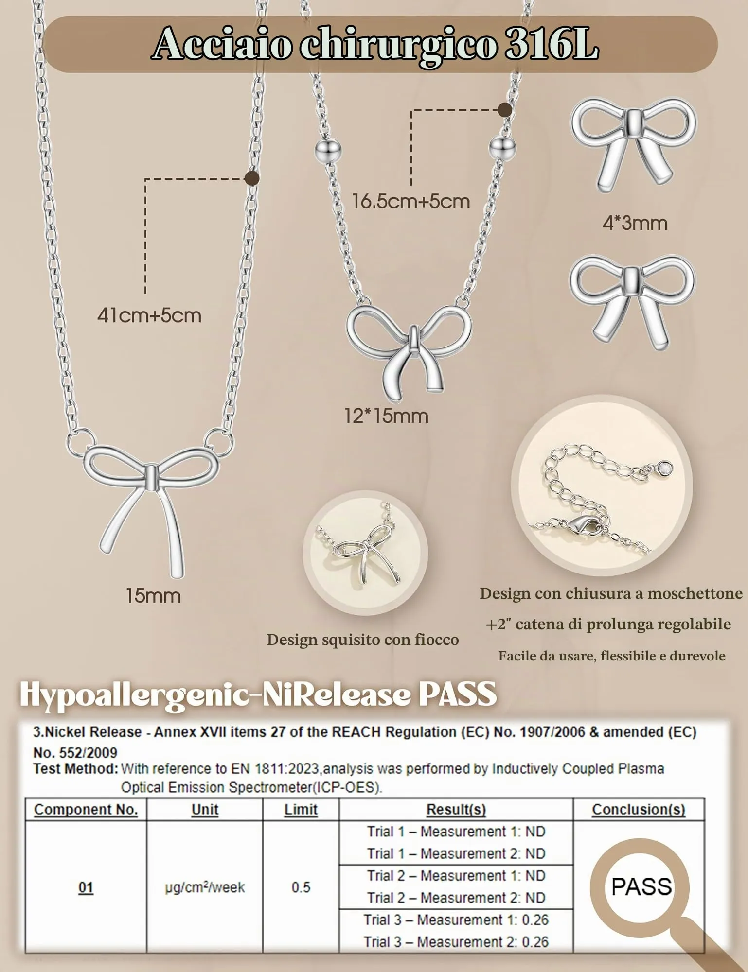 KRFY Parure Gioielli Donna in Acciaio Inossidabile Set Collana, Bracciale e Orecchini a Fiocco - Argento - immagine 5