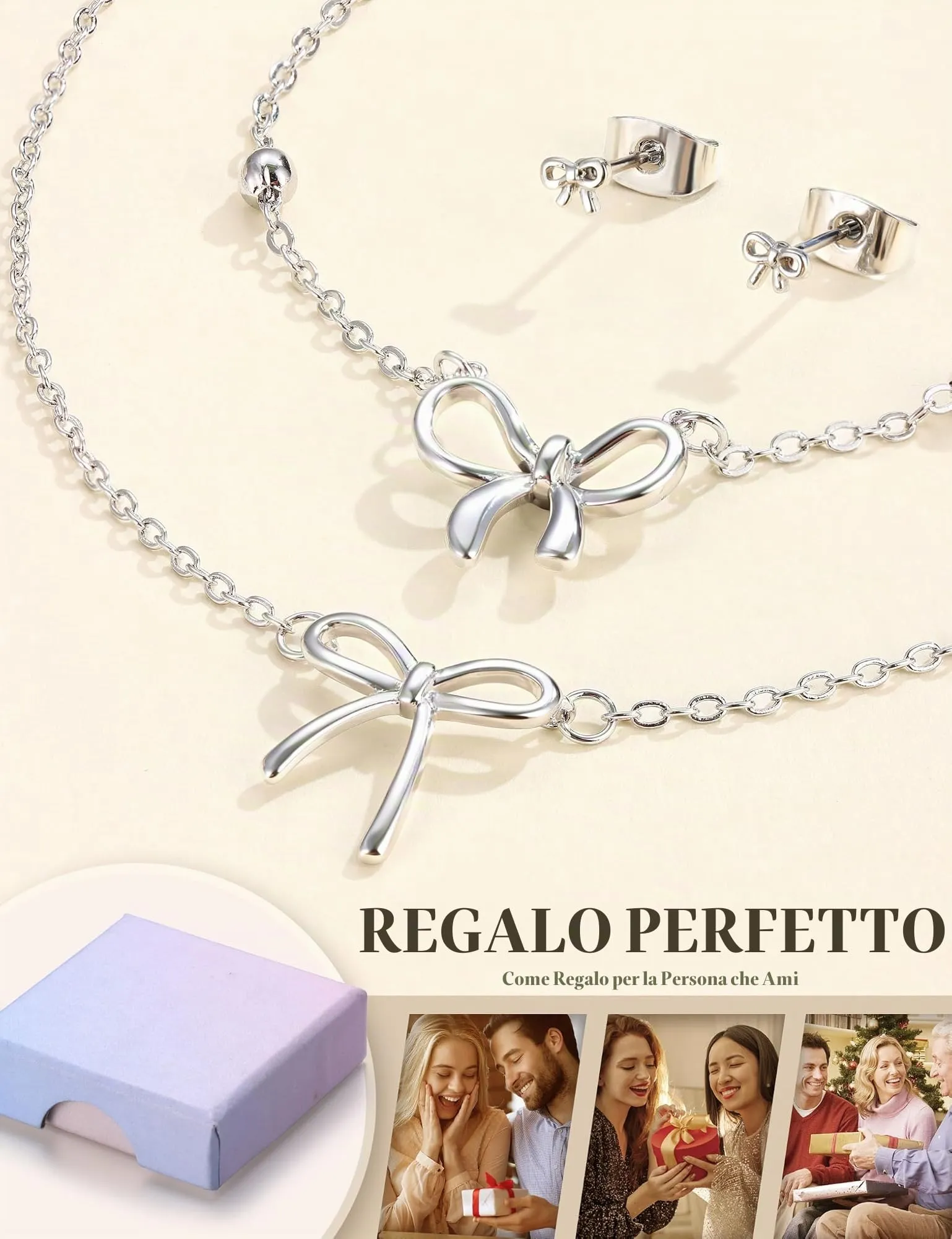 KRFY Parure Gioielli Donna in Acciaio Inossidabile Set Collana, Bracciale e Orecchini a Fiocco - Argento - immagine 6