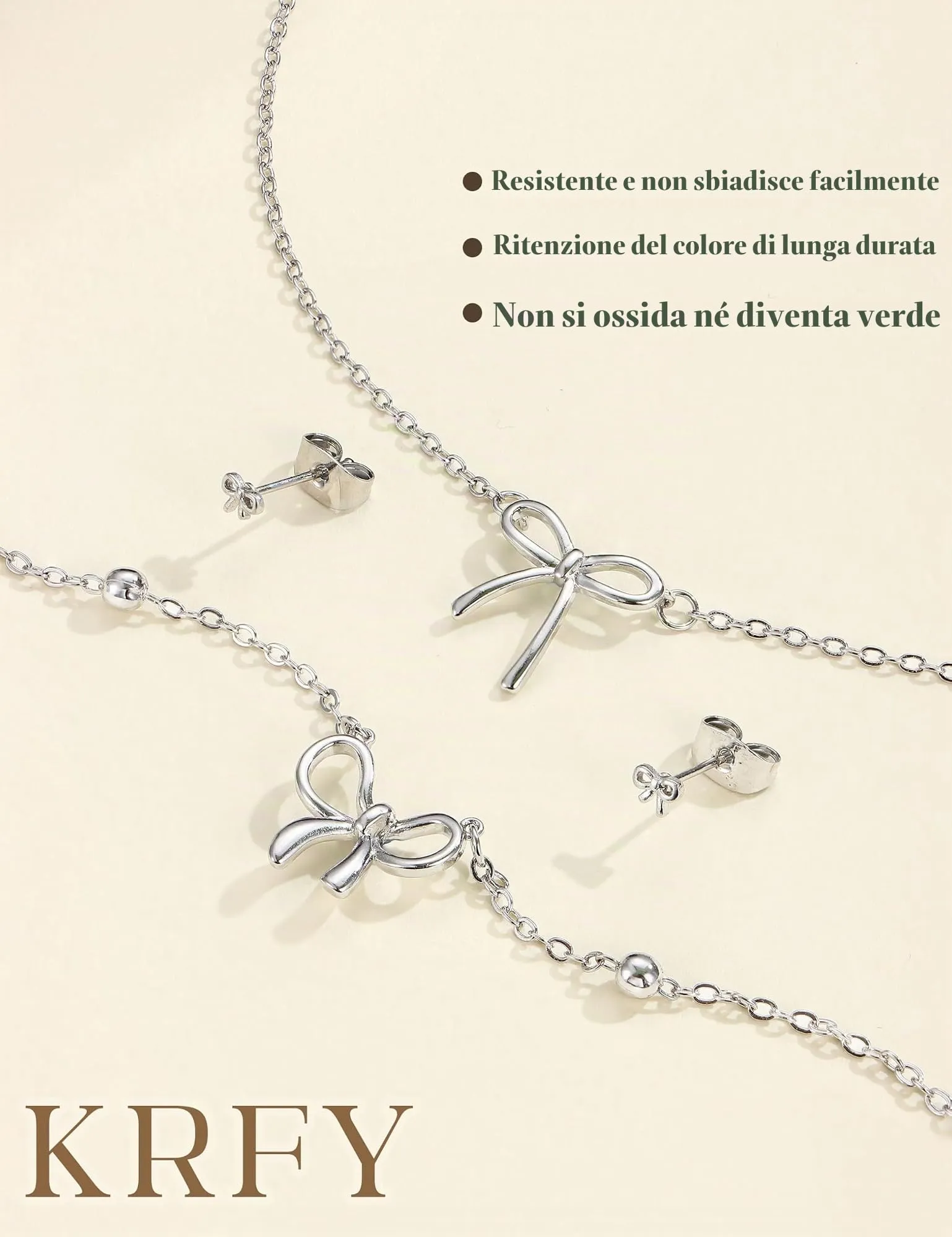KRFY Parure Gioielli Donna in Acciaio Inossidabile Set Collana, Bracciale e Orecchini a Fiocco - Argento - immagine 8