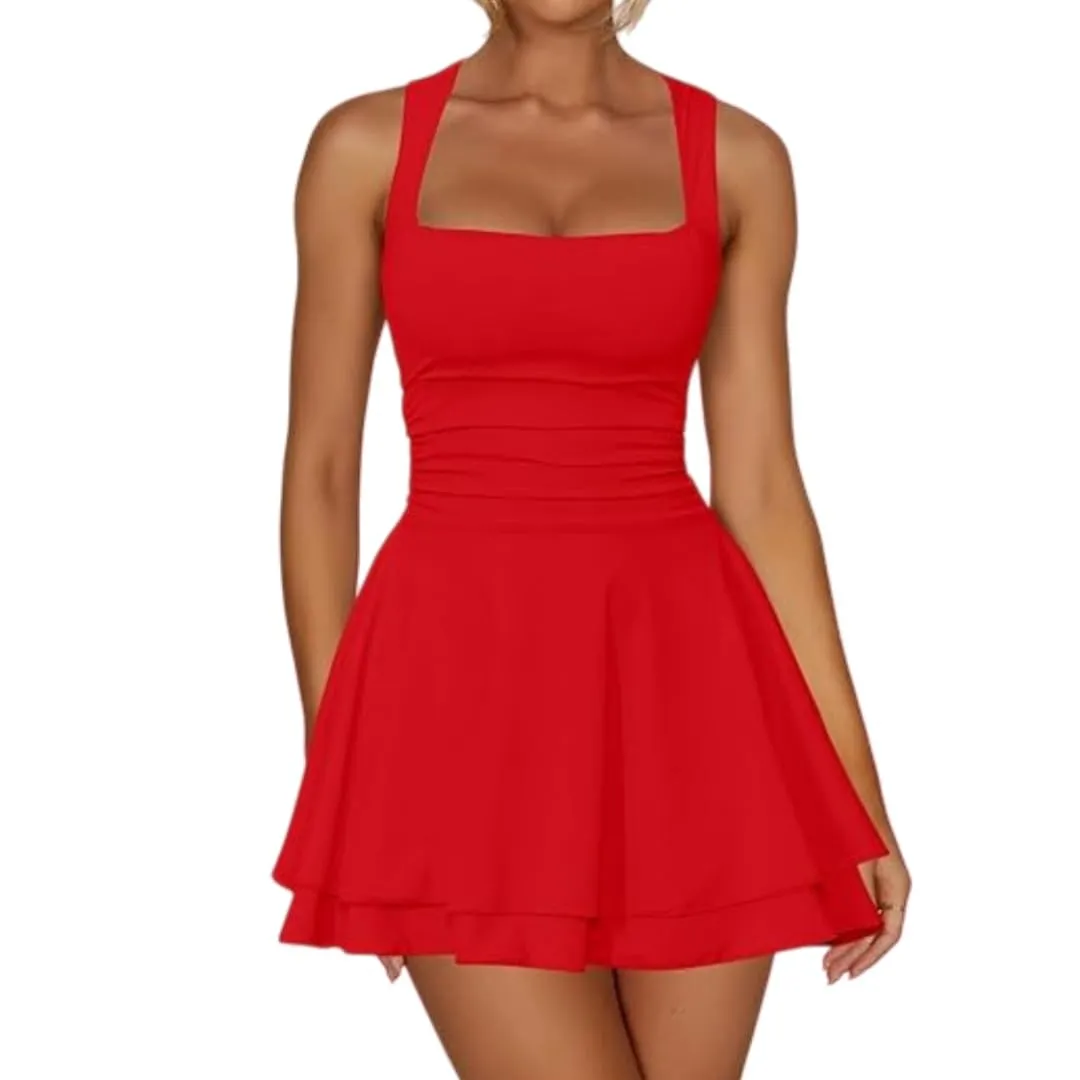 Sukiglam Vestito Donna Estivo Mini Abito Senza Maniche Scollo Quadrato A Line - immagine 1