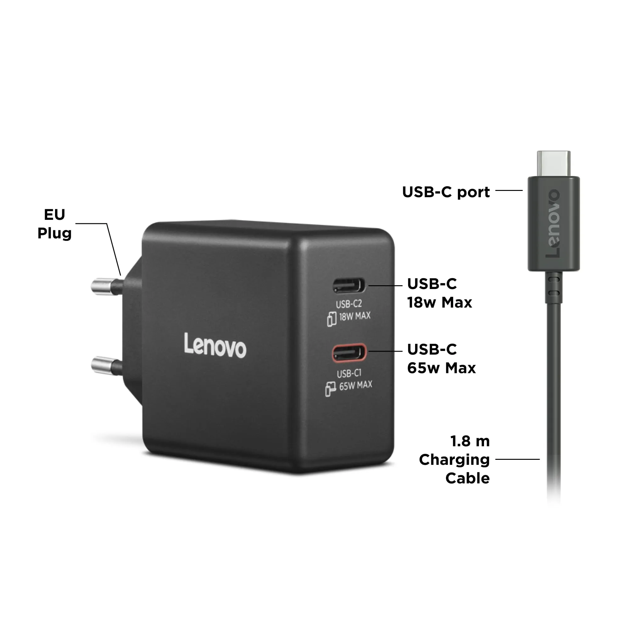 Lenovo Dual USB-C 65W GaN Charger with 1.5m USB-C Cable - Nero - immagine 2