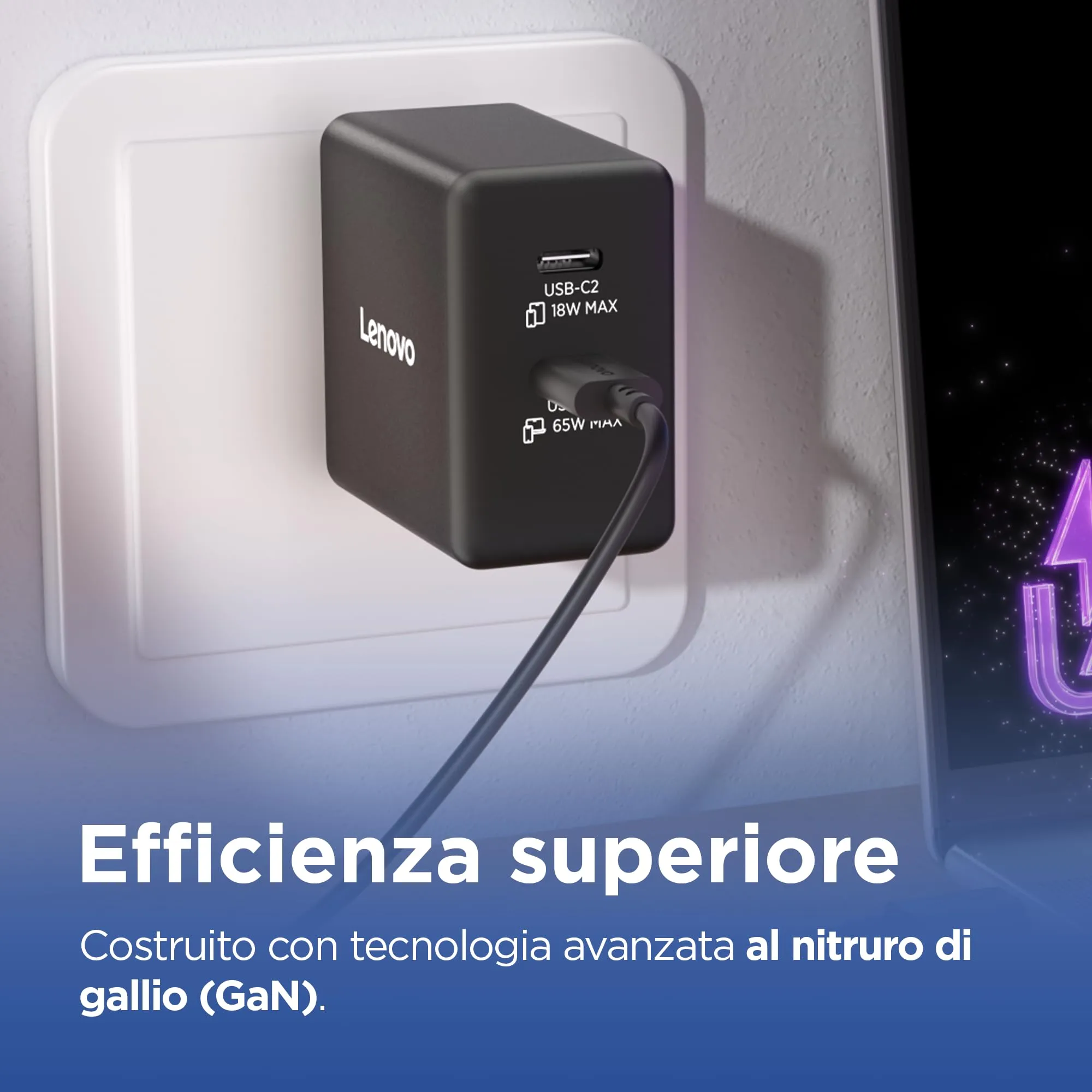 Lenovo Dual USB-C 65W GaN Charger with 1.5m USB-C Cable - Nero - immagine 4