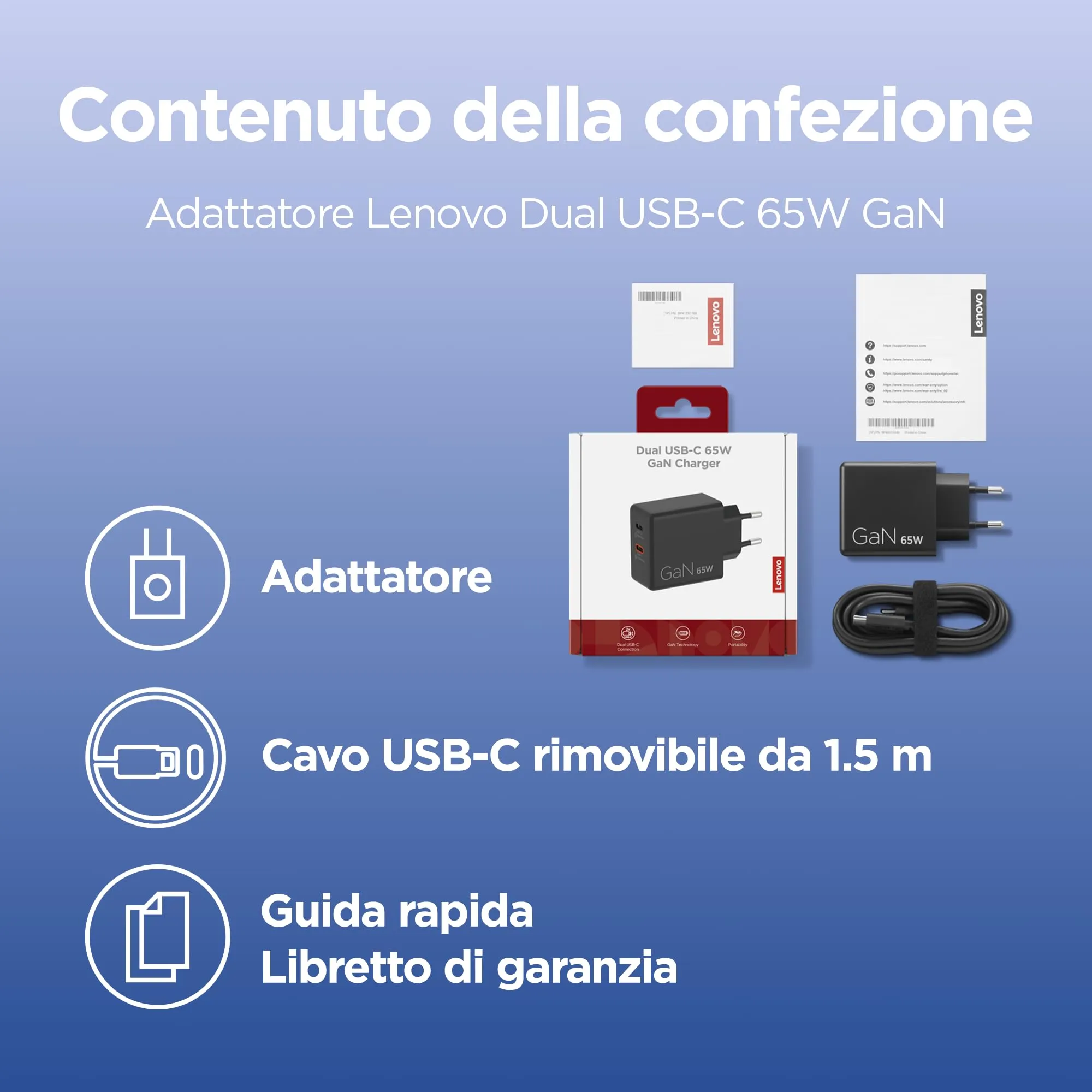Lenovo Dual USB-C 65W GaN Charger with 1.5m USB-C Cable - Nero - immagine 9