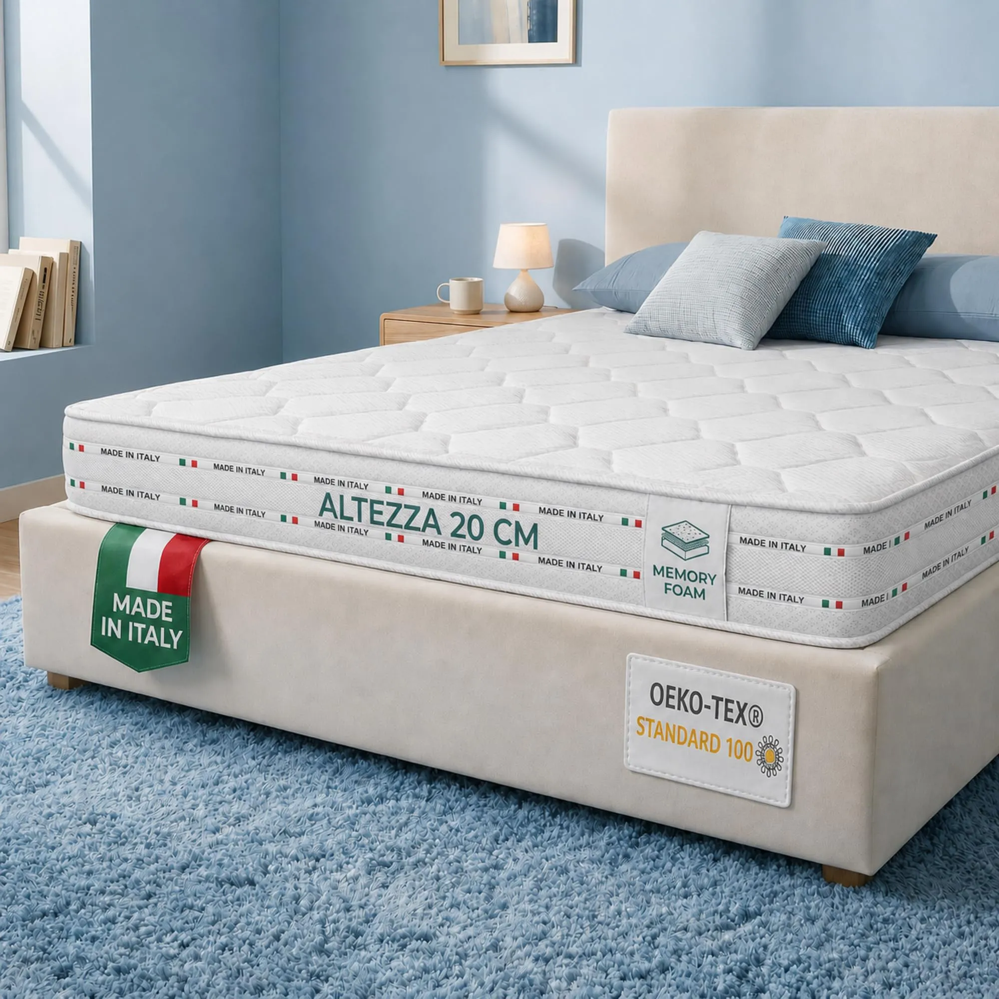 Materassi Russo Materasso Singolo 90x200 Memory Foam e Waterfoam, Alto 20 cm, Ortopedico Semi Rigido, Aloe Vera, Made in Italy - immagine 1