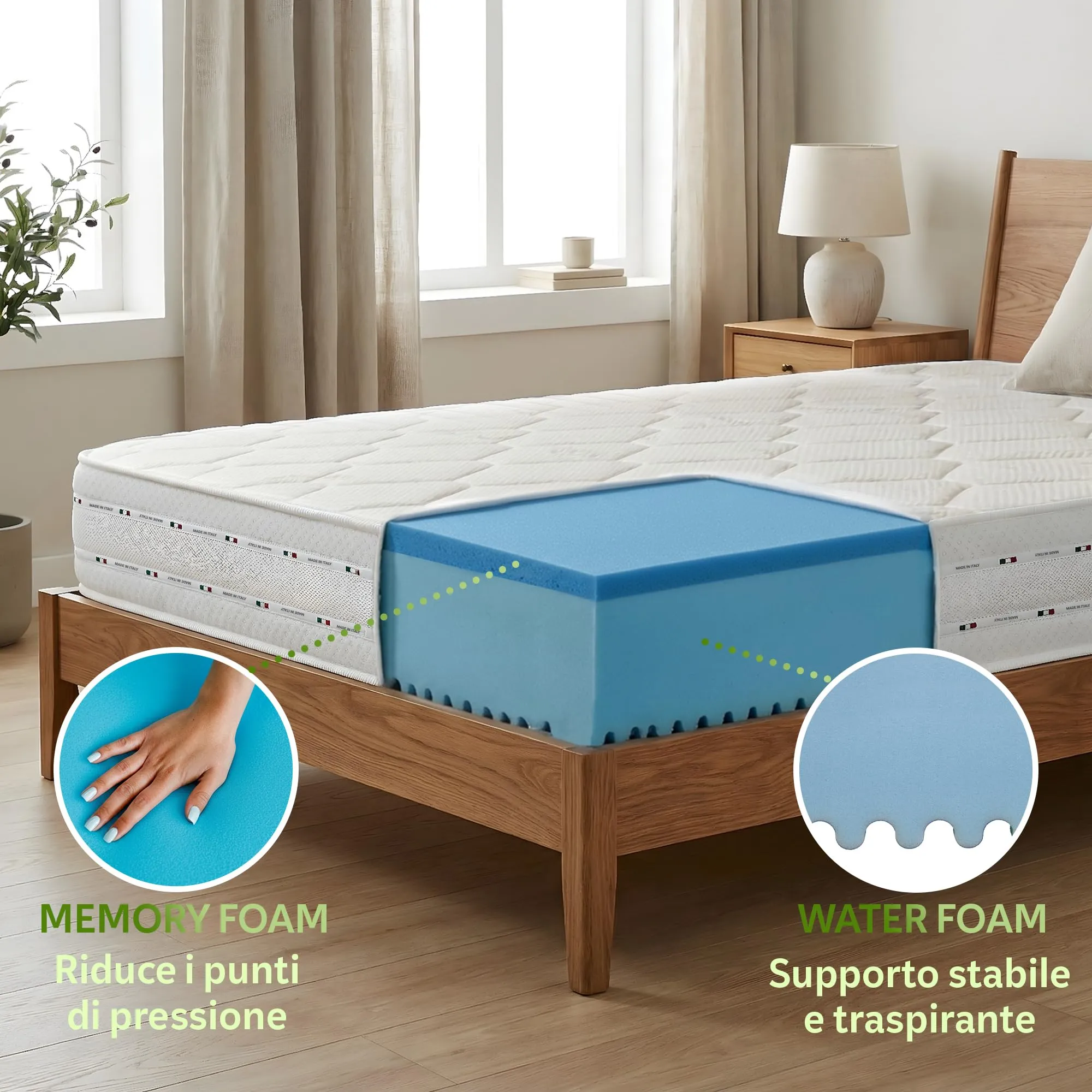 Materassi Russo Materasso Singolo 90x200 Memory Foam e Waterfoam, Alto 20 cm, Ortopedico Semi Rigido, Aloe Vera, Made in Italy - immagine 3