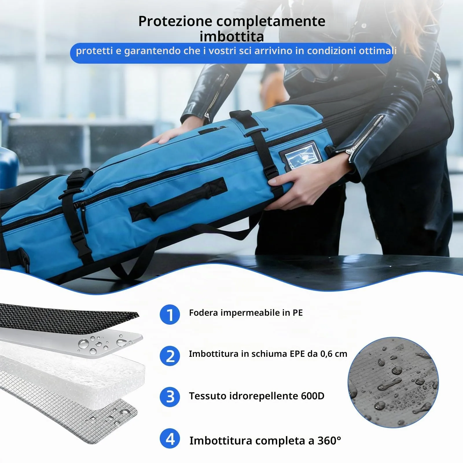 AUMTISC Borsa da Snowboard e Sci Imbottita (2921-Blue, 165 cm) - immagine 3