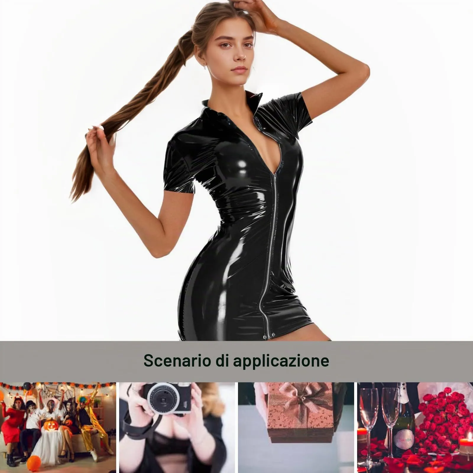 PARUPRUP Donna Mini Vestito in Pelle Wetlook con Cerniera Frontale, Nero, M - immagine 6