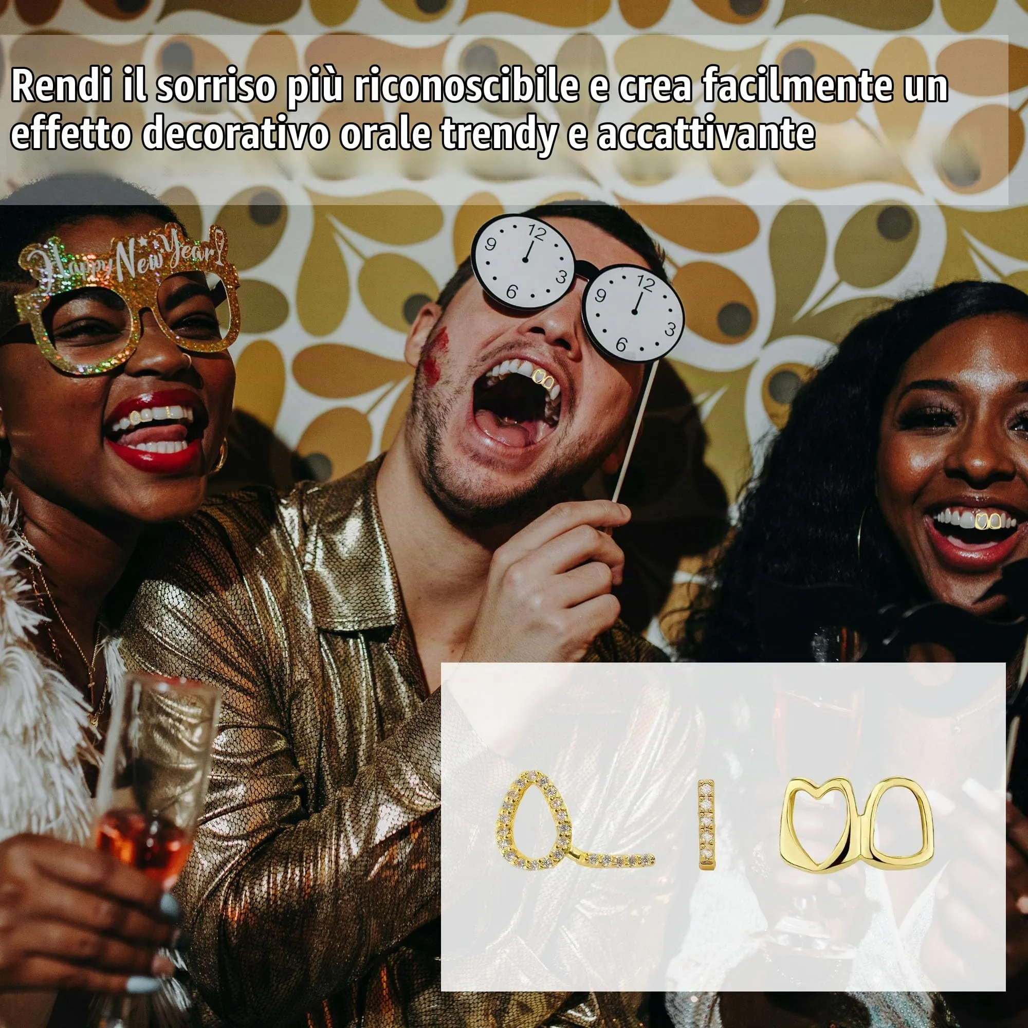 LONGHAO Set di 2 Grillz per Denti Hip Hop in Oro con 2 Forme in Silicone - immagine 4
