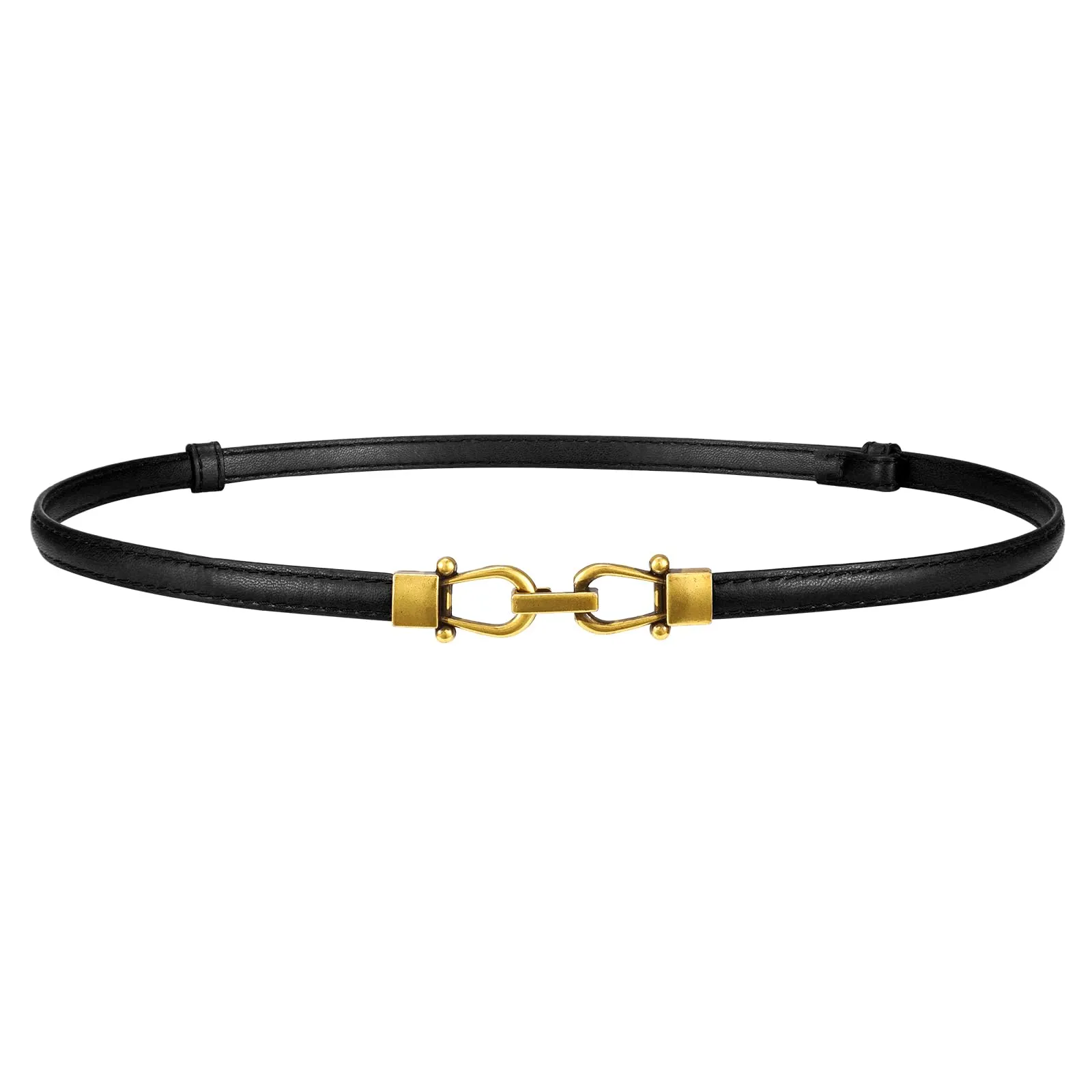 LEACOOLKEY Cintura Sottile in Pelle per Donna, Nero con Fibbia in Oro Antico, 120cm - immagine 1
