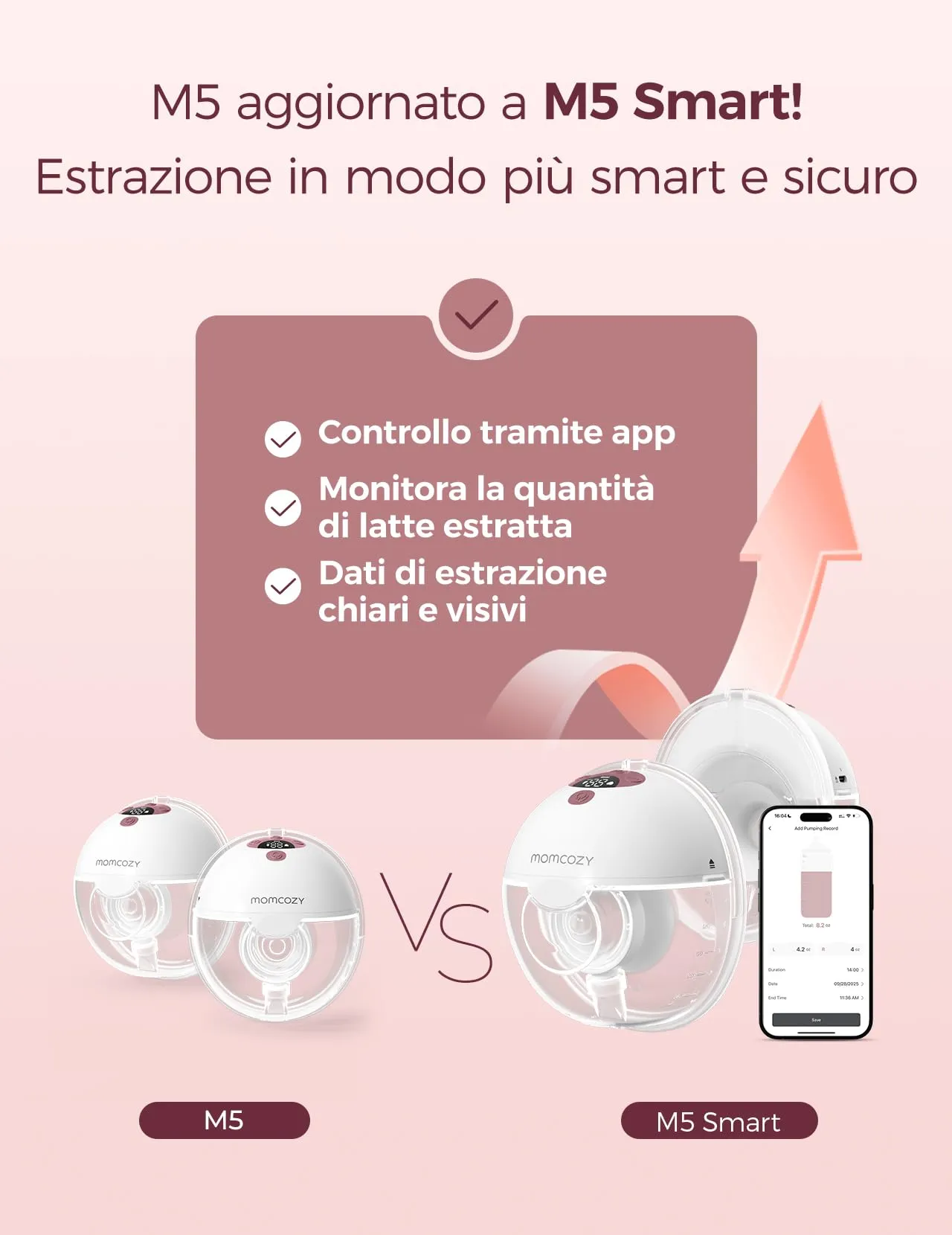 Momcozy M5 Tiralatte Elettrico Indossabile Smart con App, Mani Libere, 24mm - immagine 2