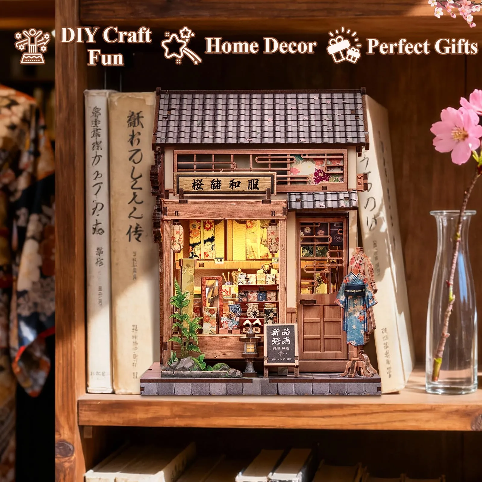 CUTEBEE Japanese Sakura Kimono Book Nook Kit 3D Wooden Puzzle Miniature House 1:24 - immagine 2