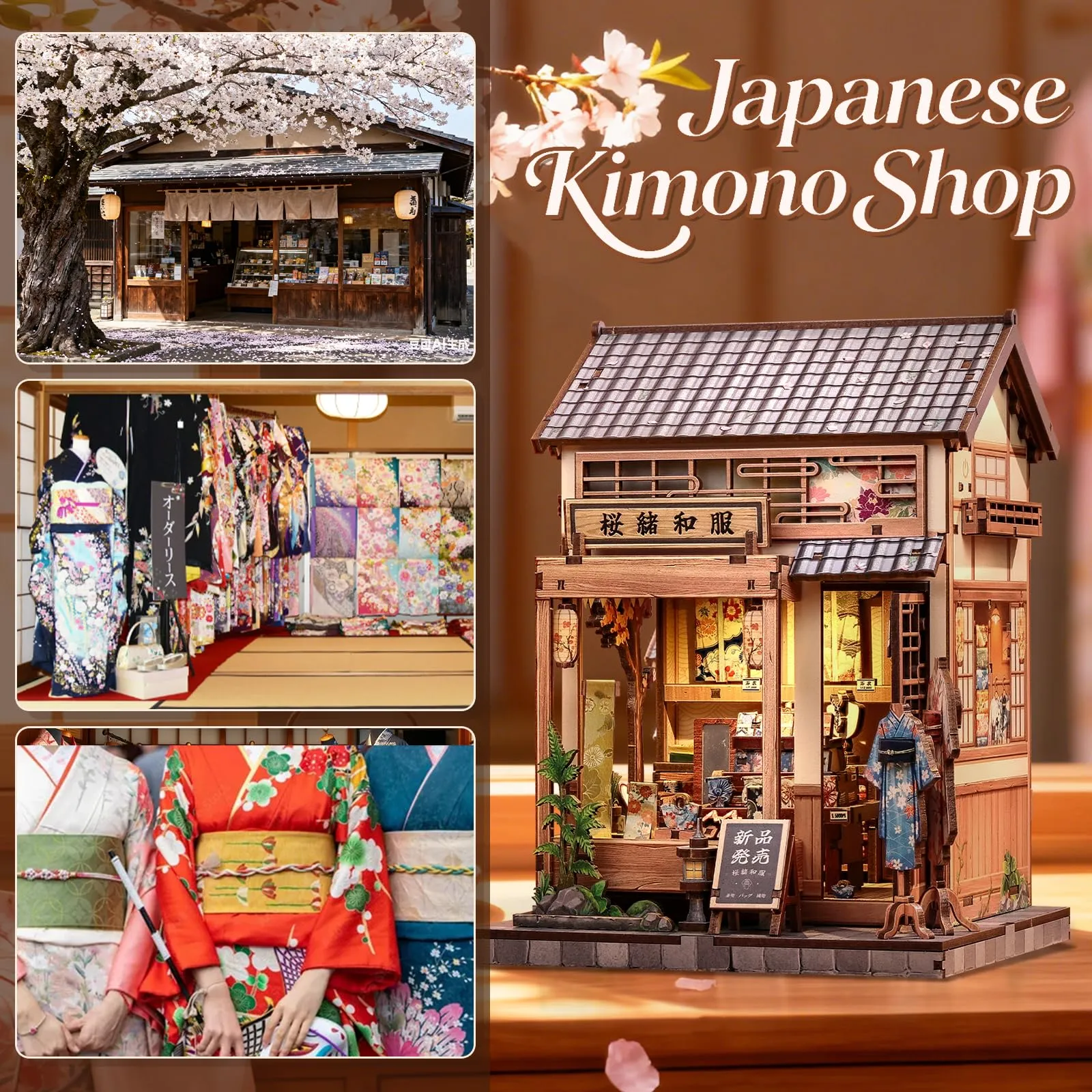 CUTEBEE Japanese Sakura Kimono Book Nook Kit 3D Wooden Puzzle Miniature House 1:24 - immagine 3