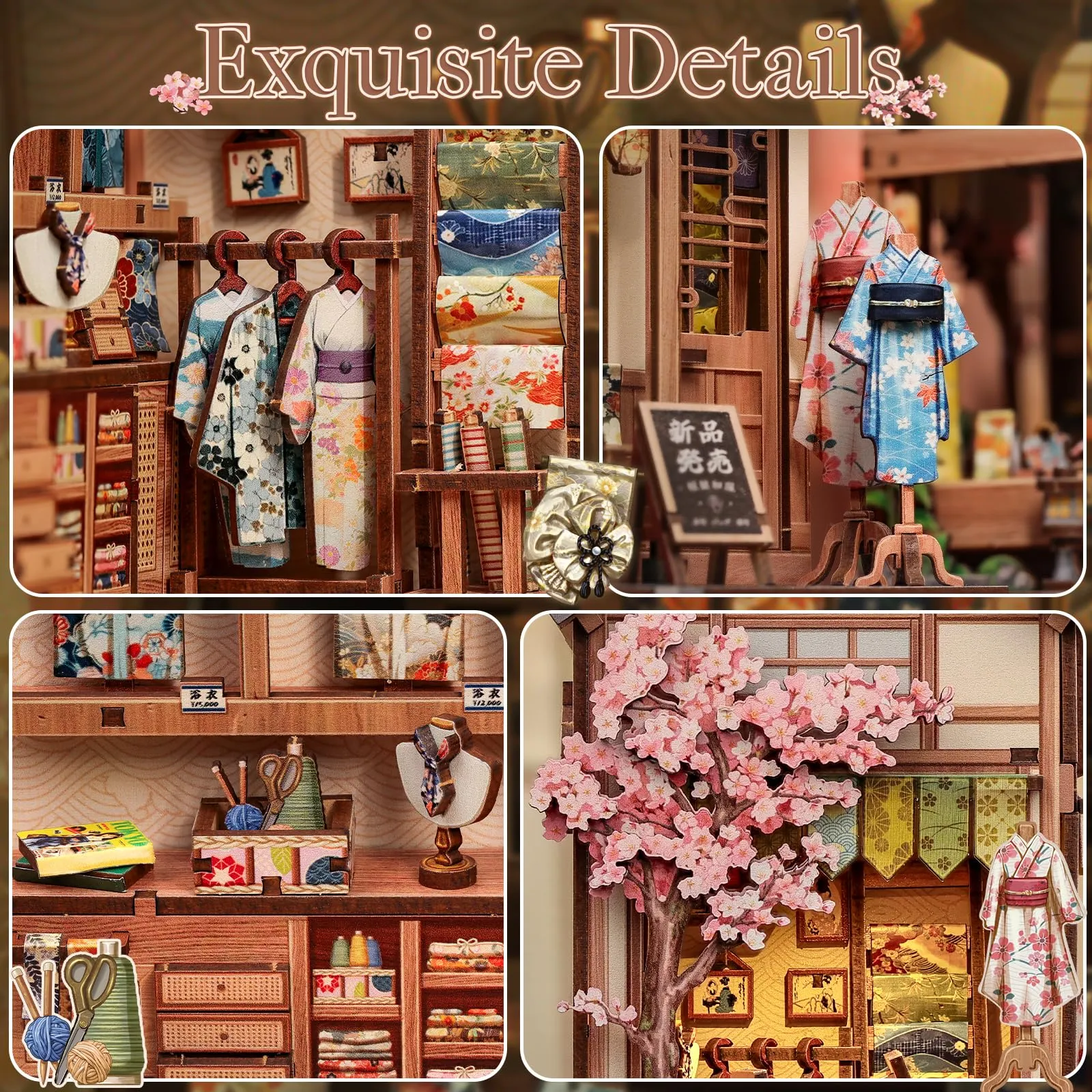 CUTEBEE Japanese Sakura Kimono Book Nook Kit 3D Wooden Puzzle Miniature House 1:24 - immagine 5