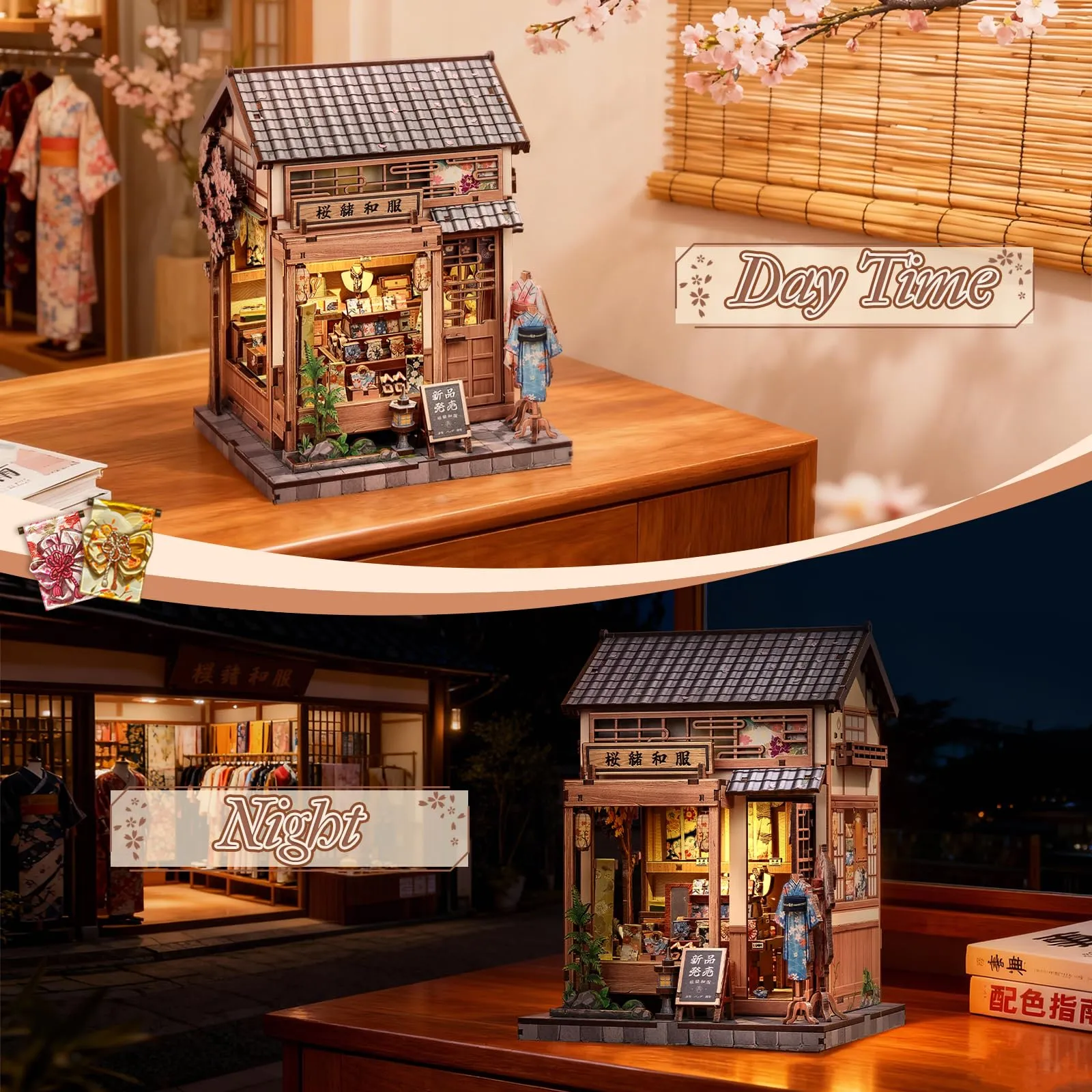 CUTEBEE Japanese Sakura Kimono Book Nook Kit 3D Wooden Puzzle Miniature House 1:24 - immagine 6