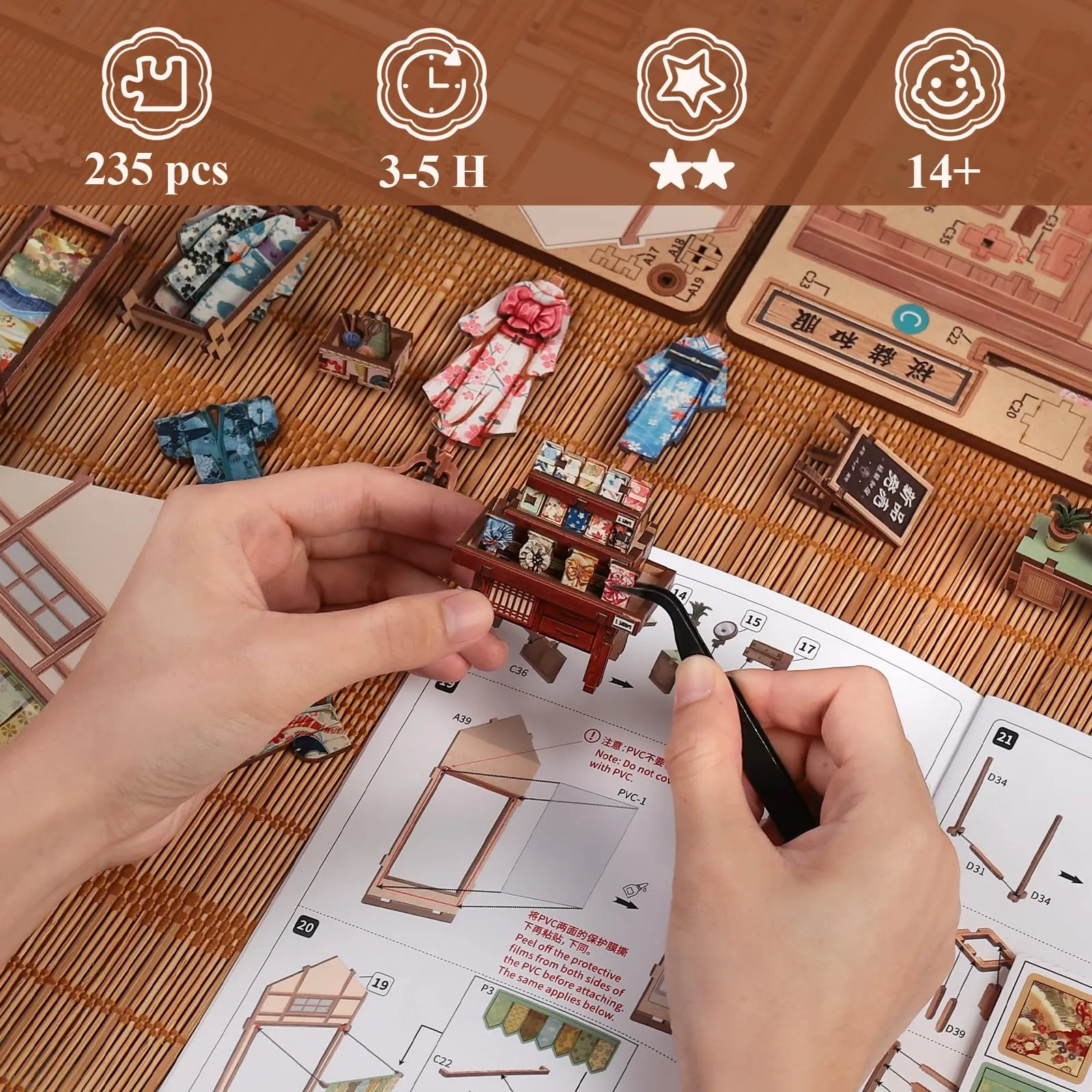 CUTEBEE Japanese Sakura Kimono Book Nook Kit 3D Wooden Puzzle Miniature House 1:24 - immagine 7