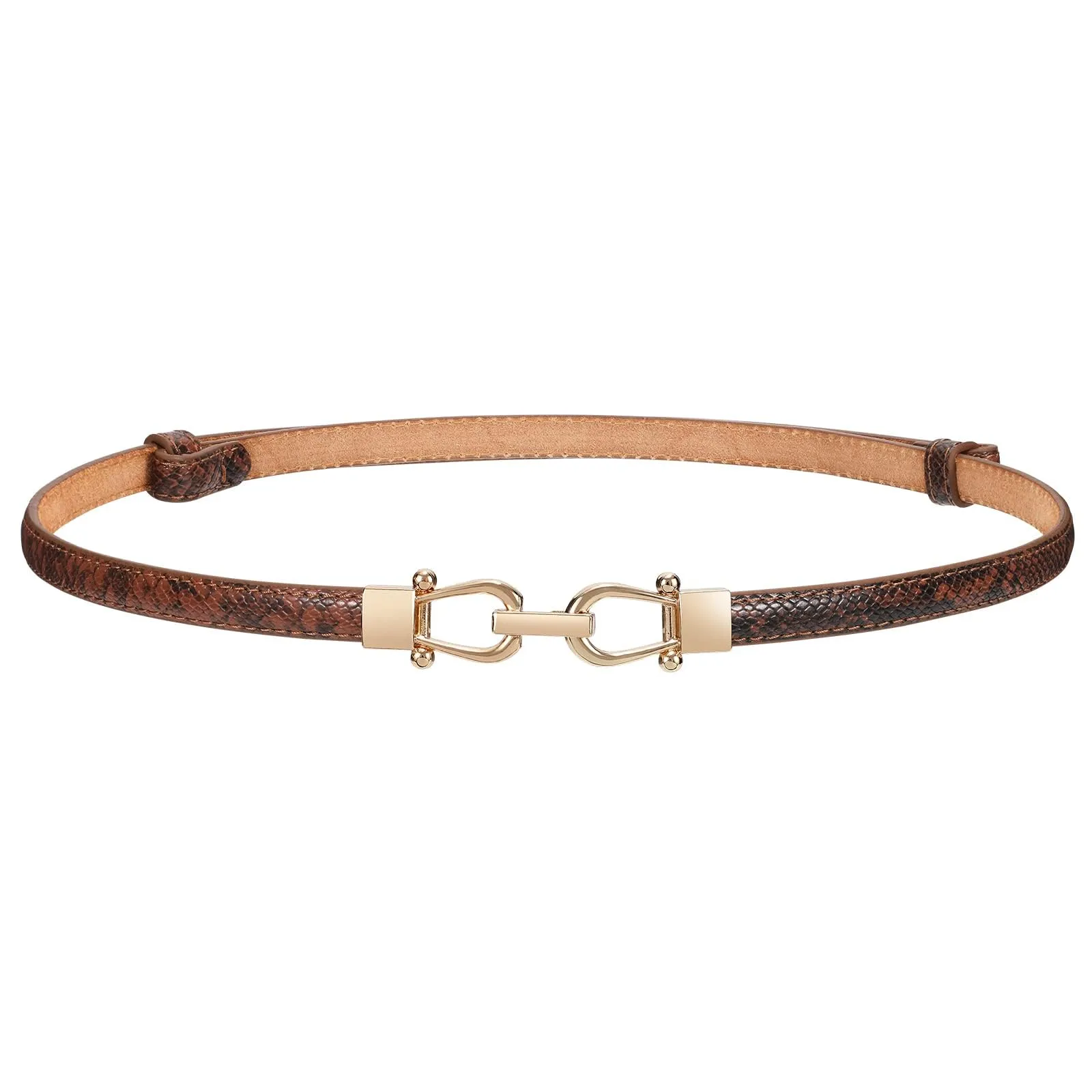 LEACOOLKEY Cintura Sottile in Pelle per Donna, Fibbia Dorata, Marrone Pelle di Serpente, 120cm - immagine 1