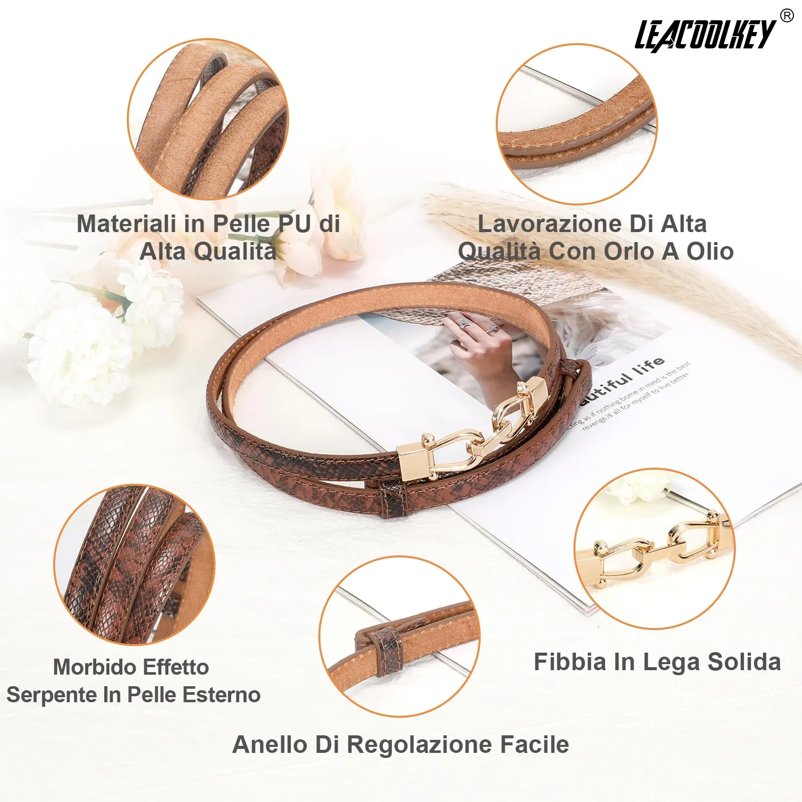 LEACOOLKEY Cintura Sottile in Pelle per Donna, Fibbia Dorata, Marrone Pelle di Serpente, 120cm - immagine 3