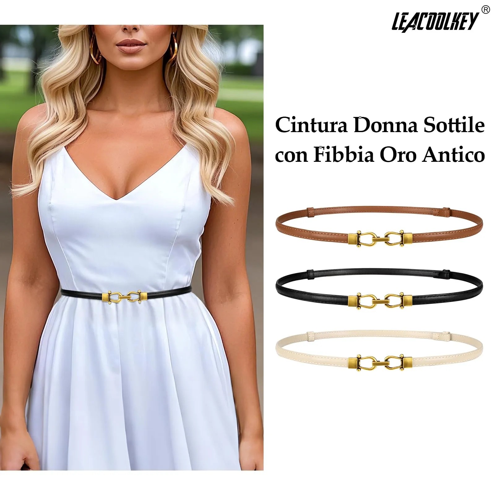 LEACOOLKEY Cintura Sottile in Pelle per Donna, Beige con Fibbia in Oro Antico, 120cm - immagine 2