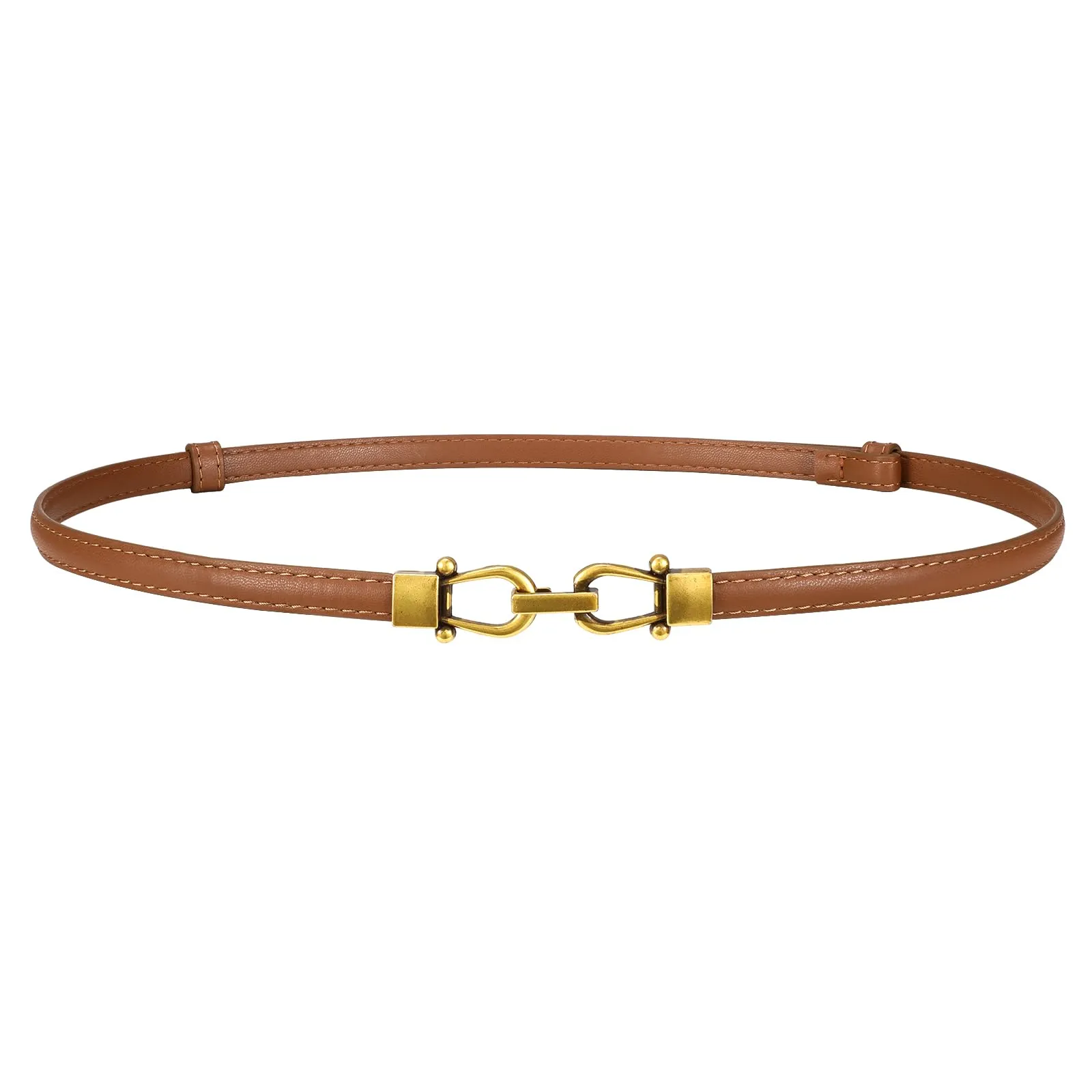LEACOOLKEY Cintura Sottile in Pelle da Donna, Marrone, Fibbia in Oro Antico, 105cm - immagine 1