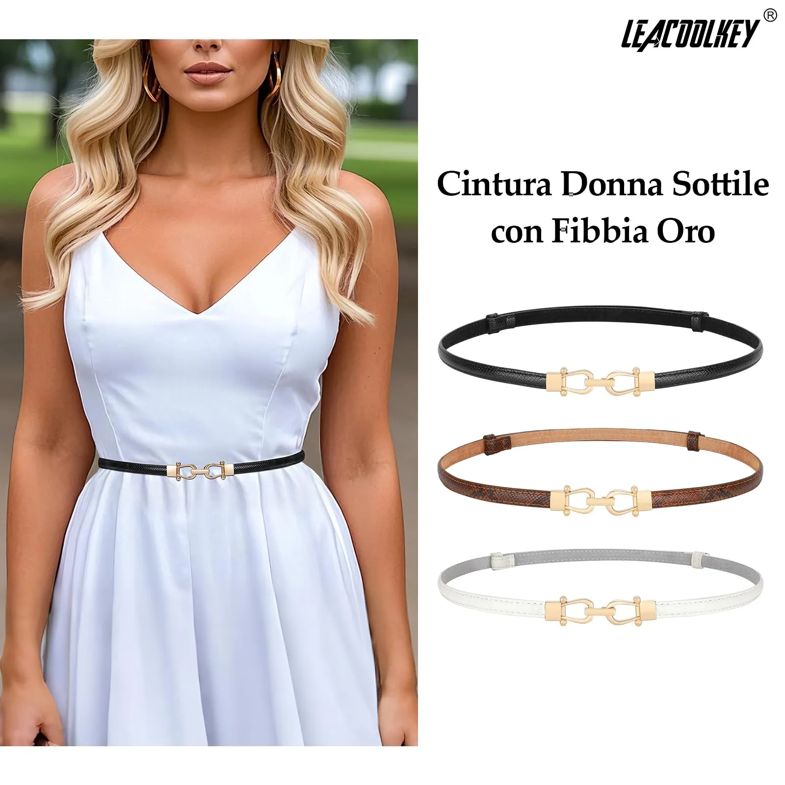 LEACOOLKEY Cintura Sottile in Pelle per Donna, Fibbia Dorata, Marrone (Pelle di Serpente), 105cm - immagine 2