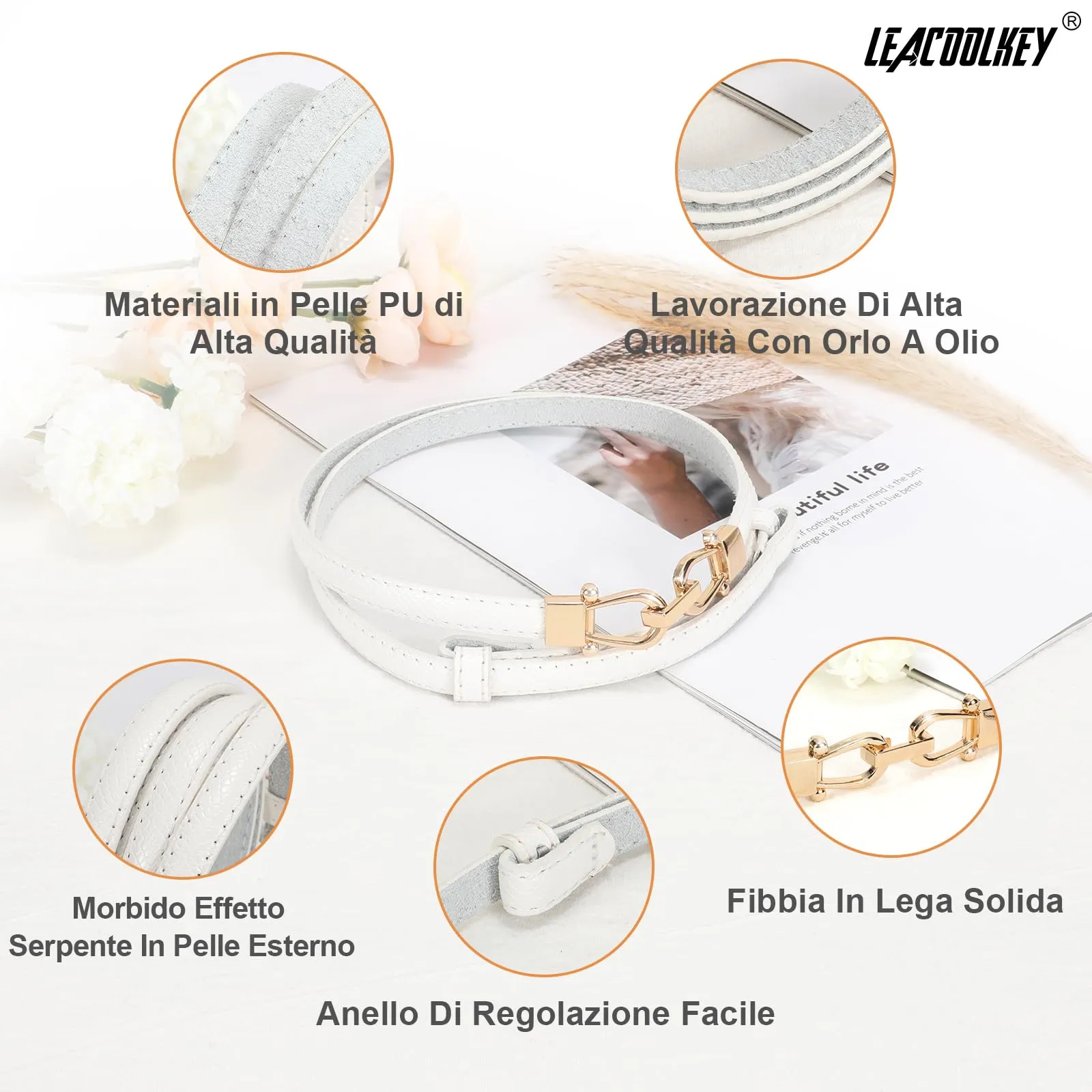 LEACOOLKEY Cintura Sottile in Pelle per Donna, Bianco Pelle di Serpente, 120cm - immagine 4