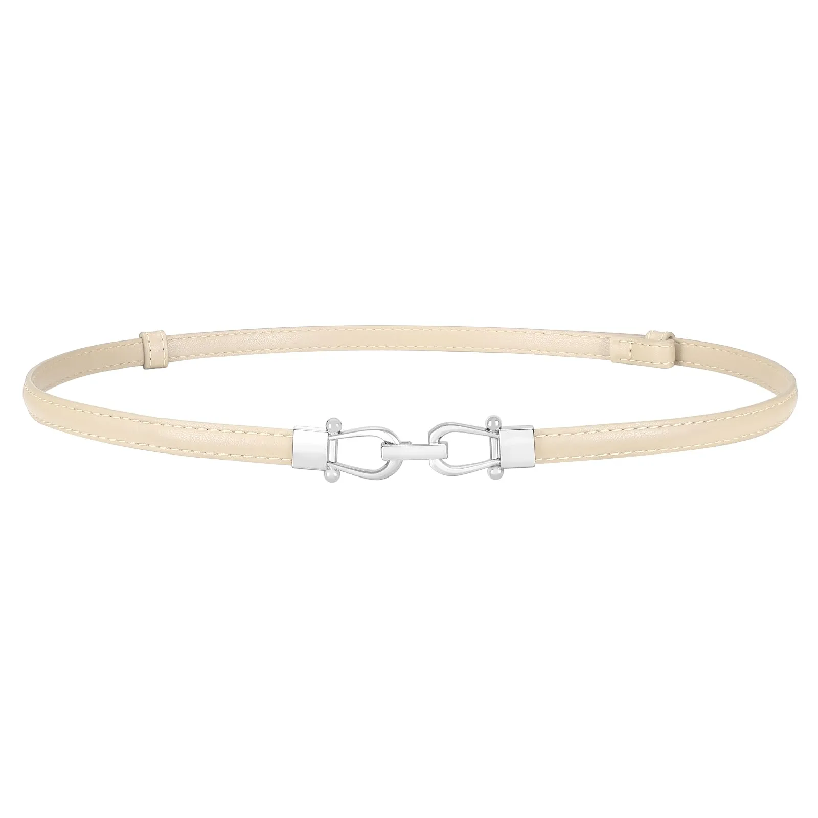 LEACOOLKEY Cintura Sottile in Pelle per Donna, Beige, Fibbia Argentata, 105cm - immagine 1