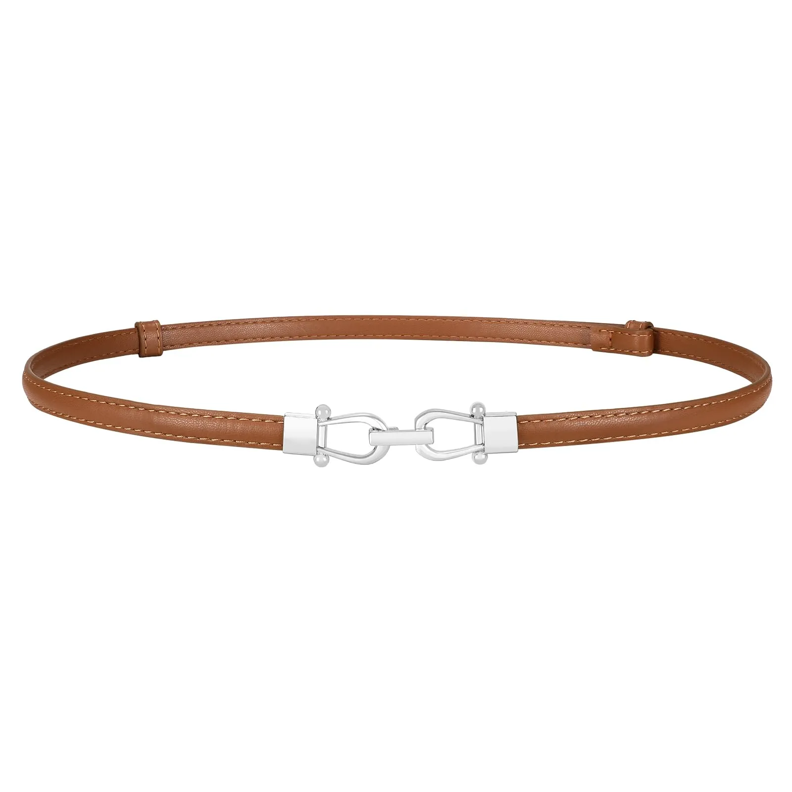 LEACOOLKEY Cintura Sottile in Pelle per Donna, Marrone con Fibbia Argentata, 120cm - immagine 1