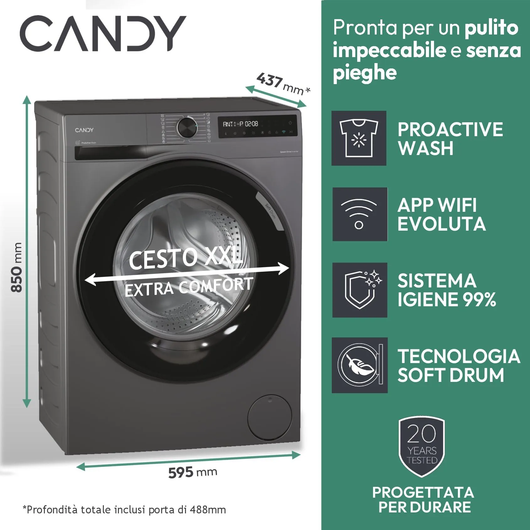 Candy ProWash 500 Lavatrice 7 kg, 1400 Giri, Classe A-20% - immagine 3